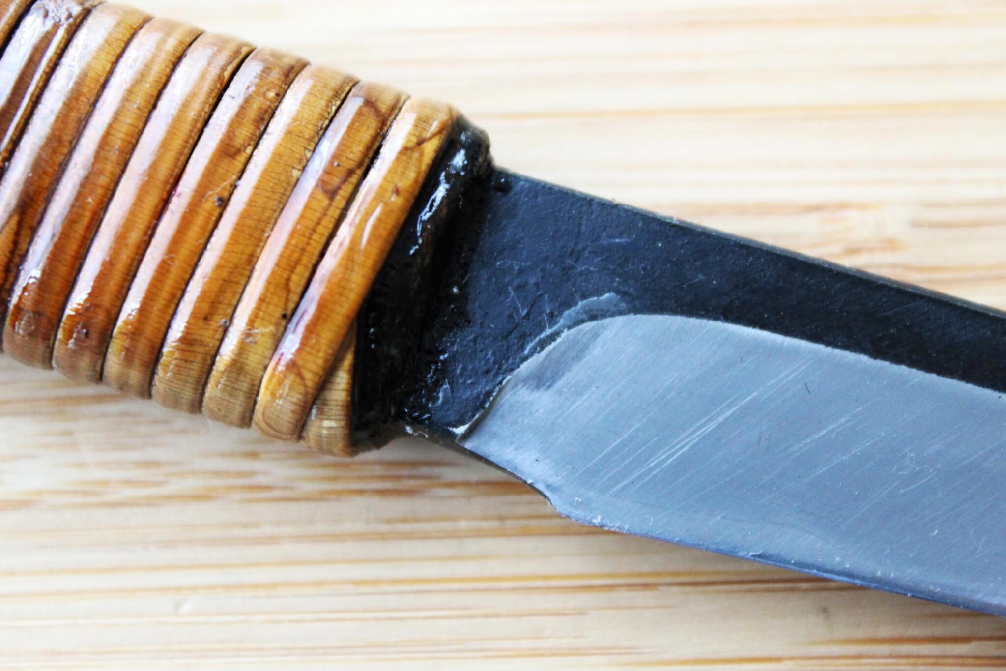 Kyokokaji Shokei 90mm Wide Petty Japanese Knife with Fujimaki Rattan Handle and Kurouchi Finish