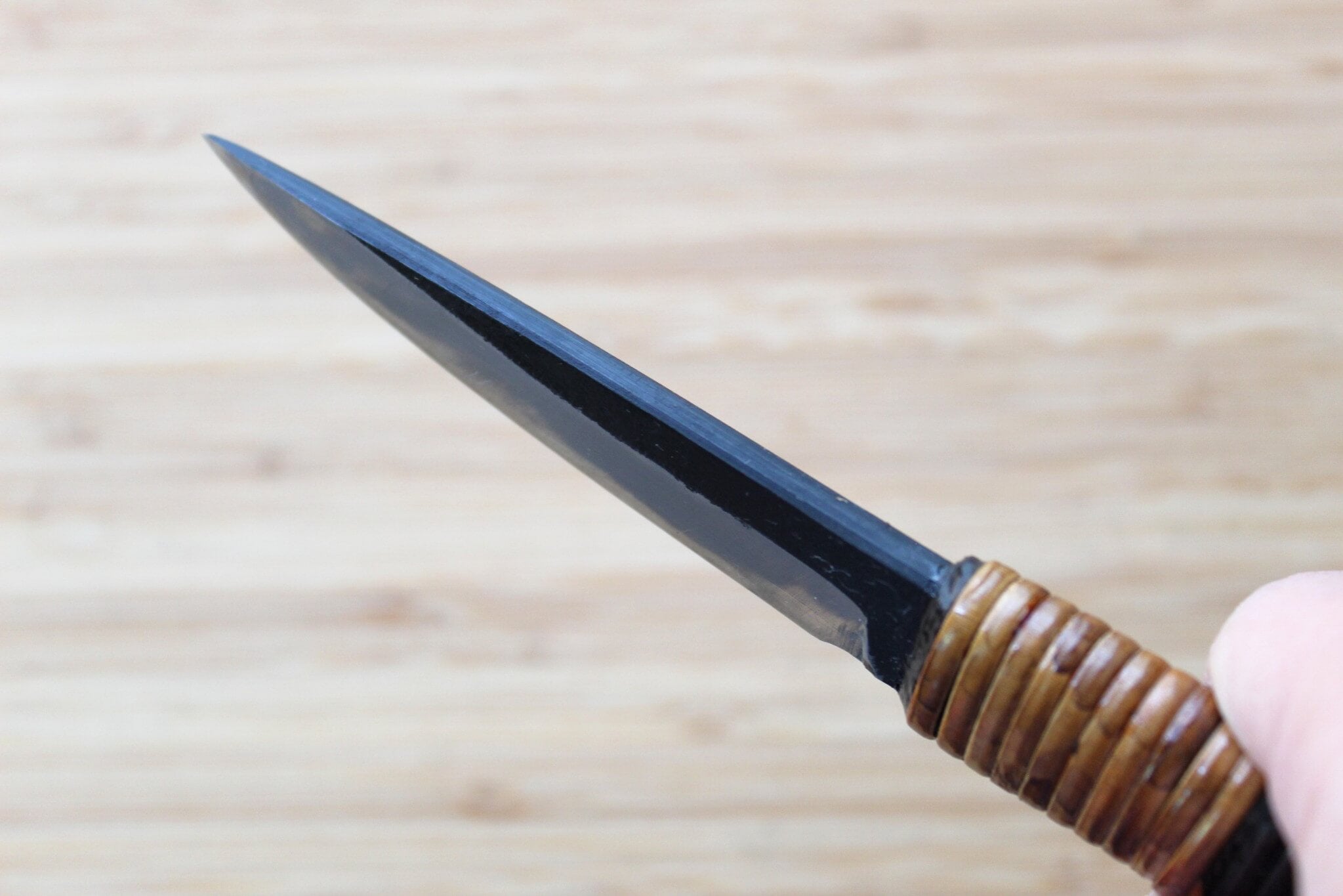 Kyokokaji Shokei 90mm Wide Petty Japanese Knife with Fujimaki Rattan Handle and Kurouchi Finish