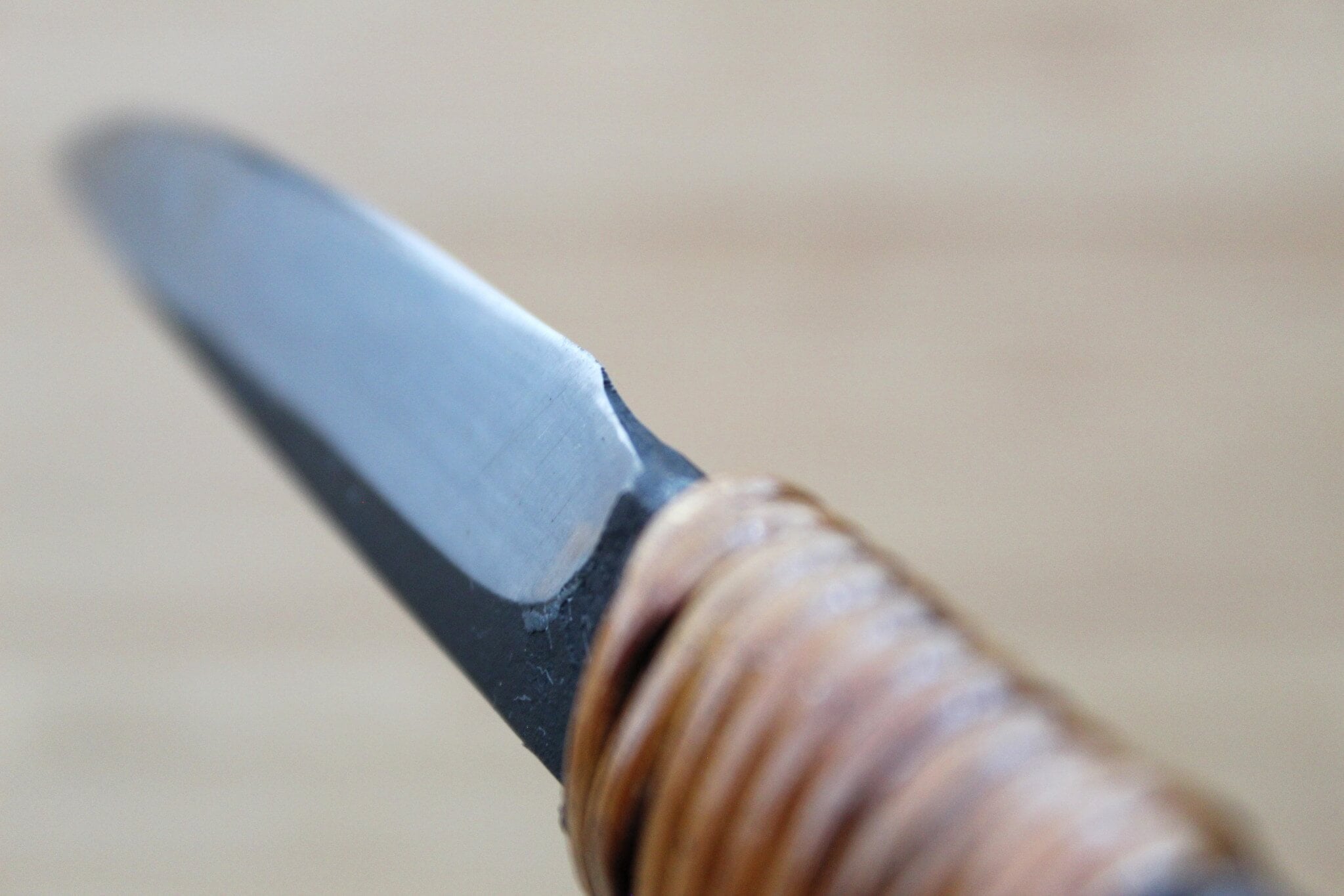Kyokokaji Shokei 90mm Wide Petty Japanese Knife with Fujimaki Rattan Handle and Kurouchi Finish