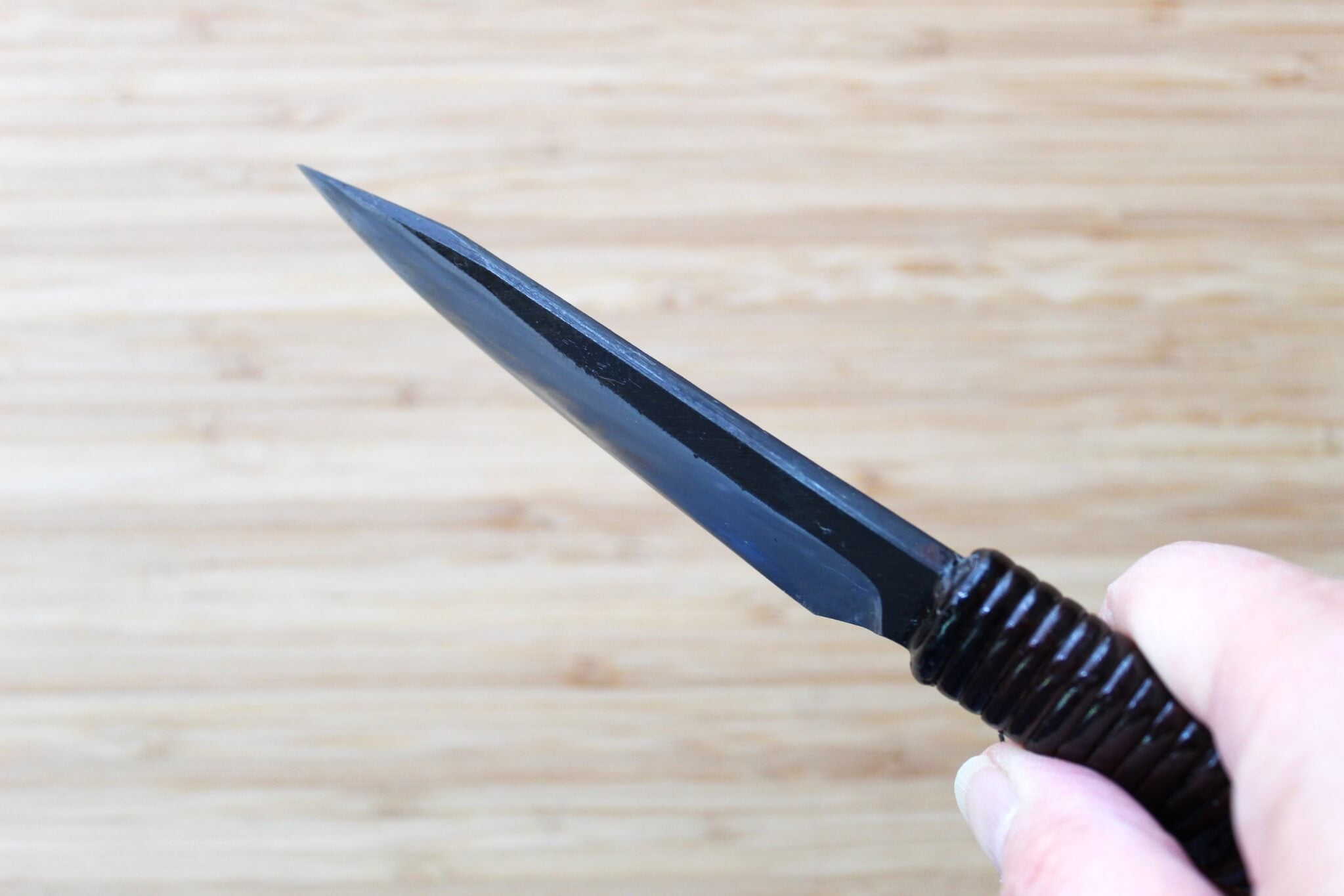 Kyokokaji Shokei 90mm Full-Tang Petty Knife with 3mm Thick Spine and Fujimaki Rattan Handle