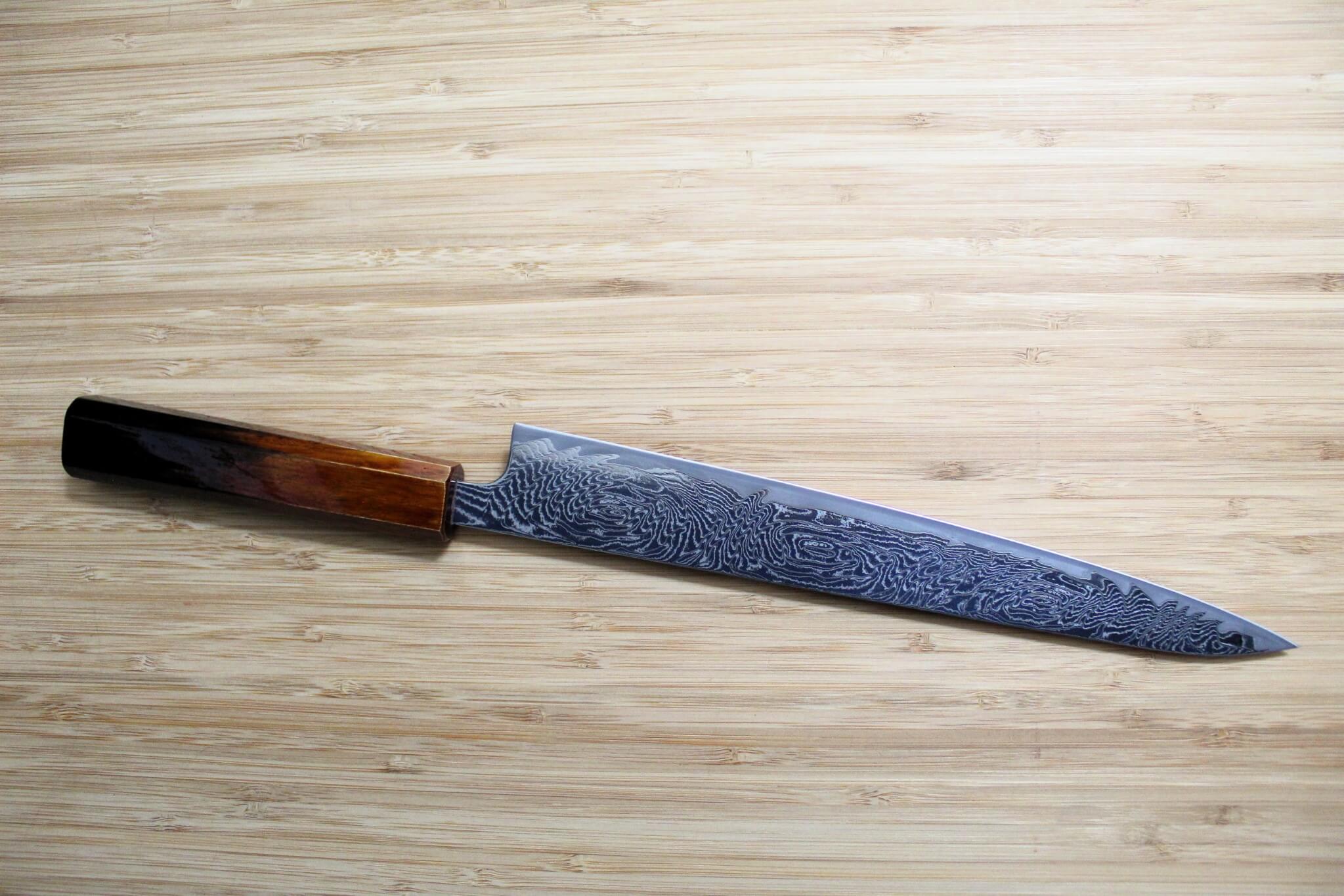 OUL Uzu Vortex Nickle Damascus Sujihiki 240 mm / 9.4" Lacquer Handle