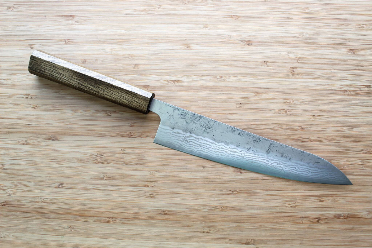 OUL SW Nickel Damascus Washiji Gyuto 210mm Japanese chef knife with Black Oak handle