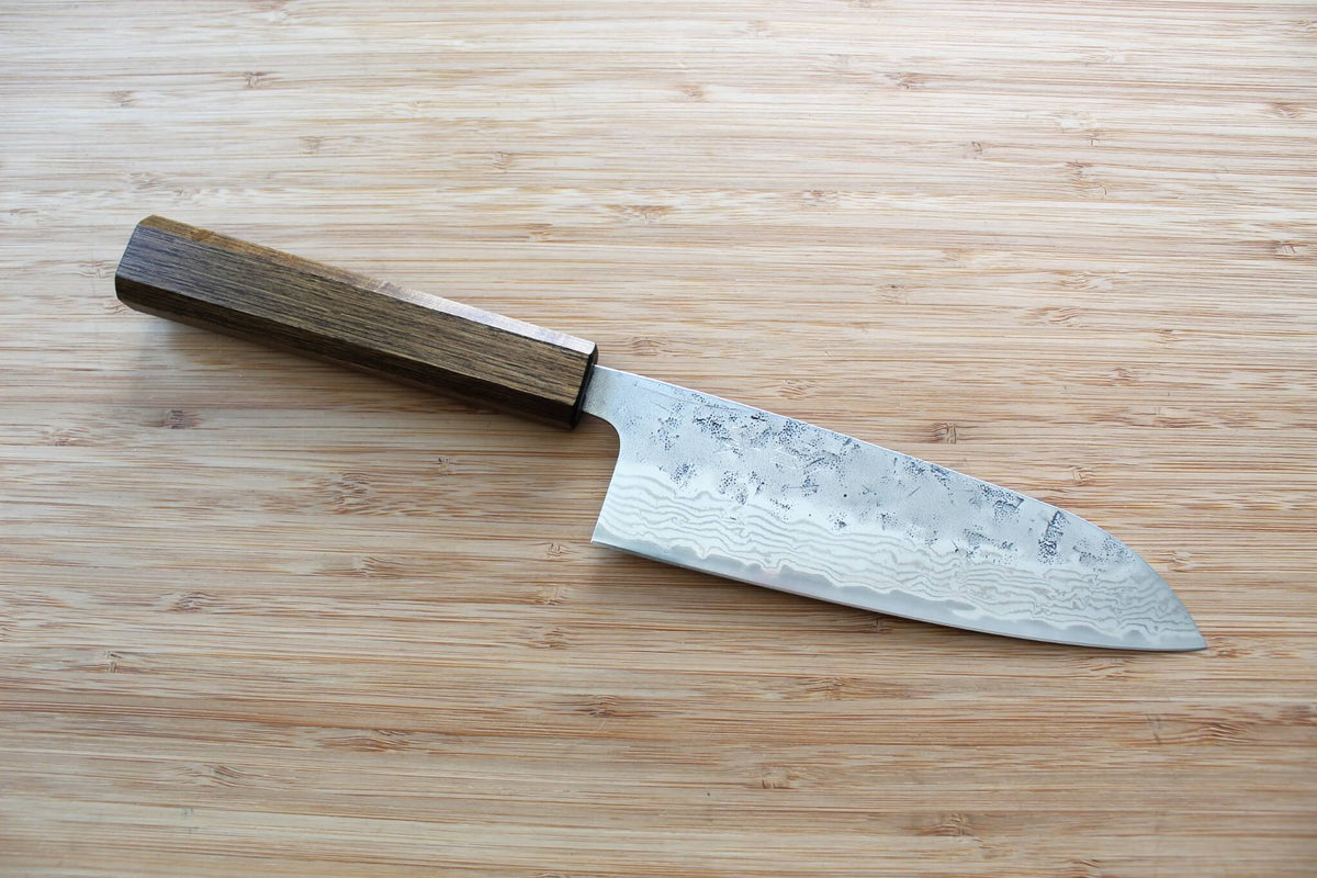 OUL SW Nickel Damascus Santoku Knife 165mm with Black Oak handle