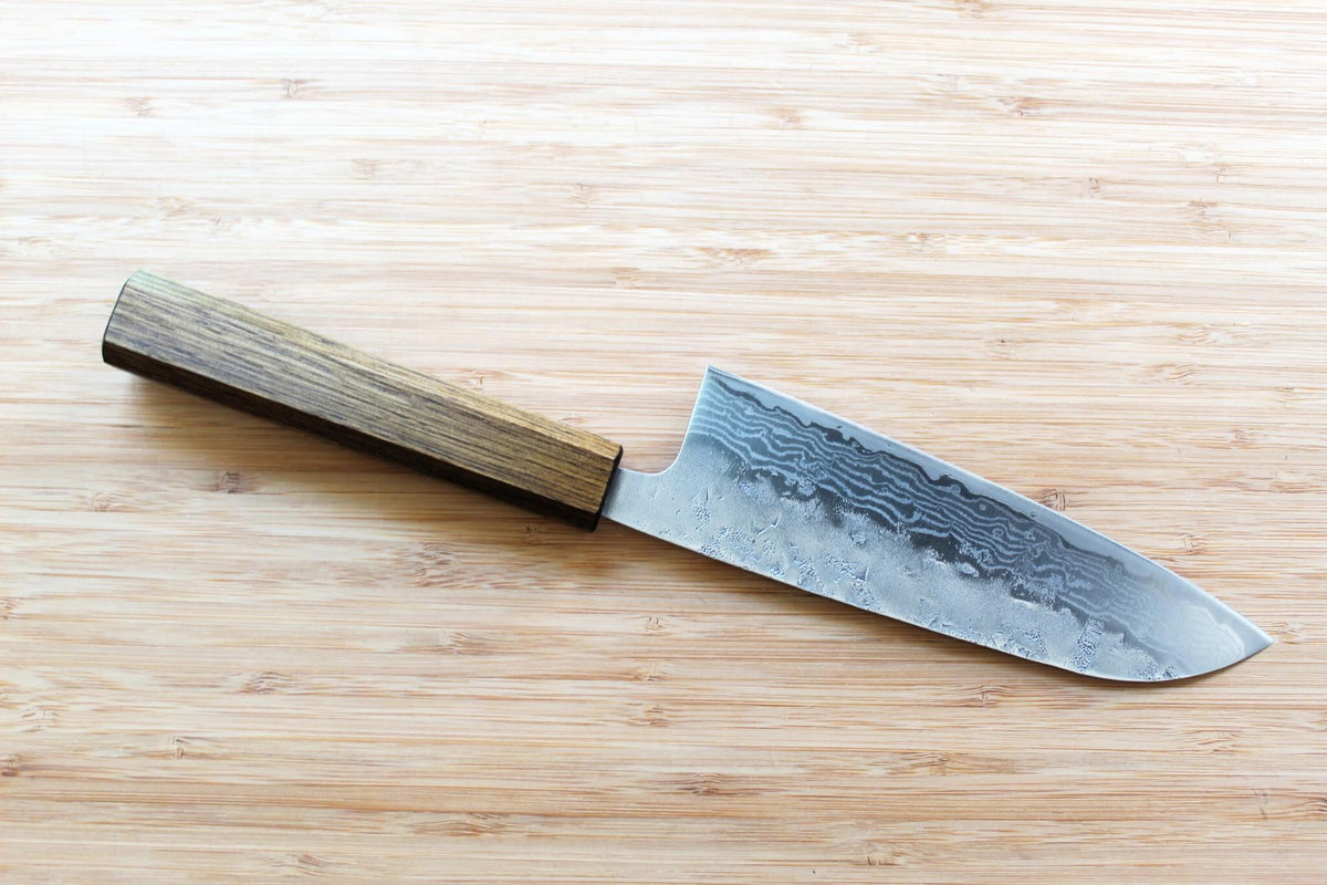 OUL SW Nickel Damascus Santoku Knife 165mm with Black Oak handle