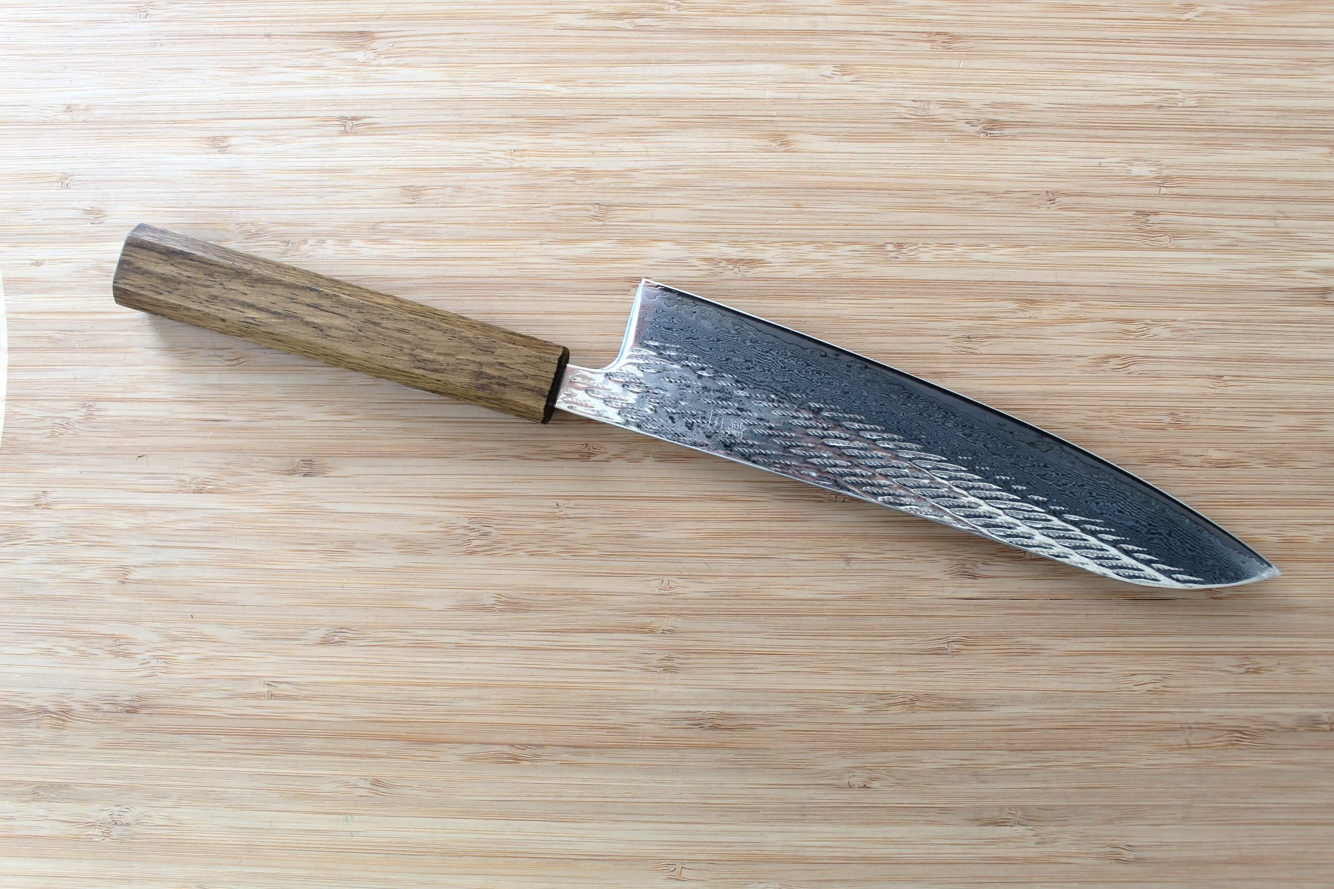 OUL Nawame Ginsan Damascus Gyuto 210mm Japanese chef knife with Black Oak handle