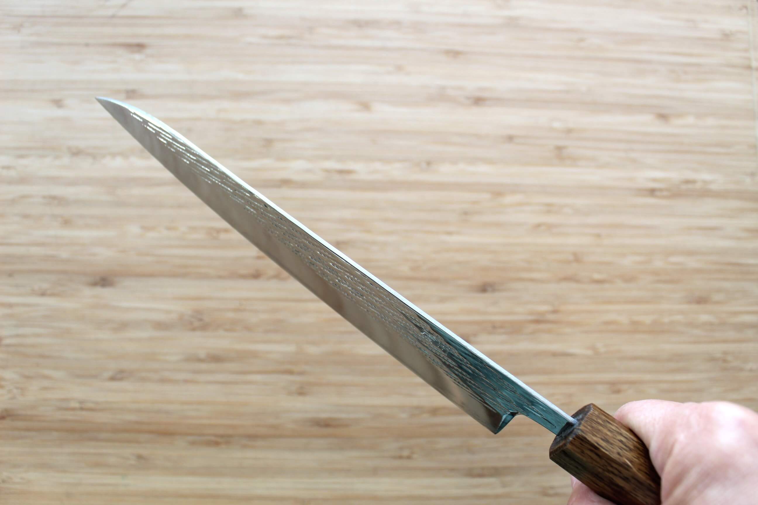 OUL Nawame Ginsan Damascus Gyuto 210mm Japanese chef knife with Black Oak handle