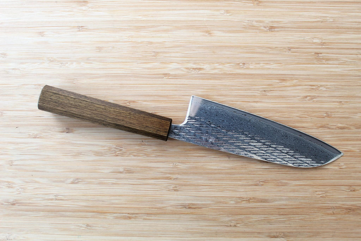 OUL Nawame Ginsan Damascus Santoku 165mm Japanese knife with Black Oak handle