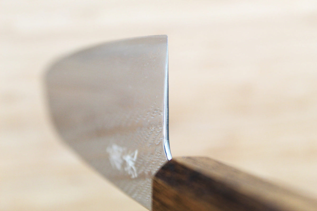 OUL Nawame Ginsan Damascus Santoku 165mm Japanese knife with Black Oak handle