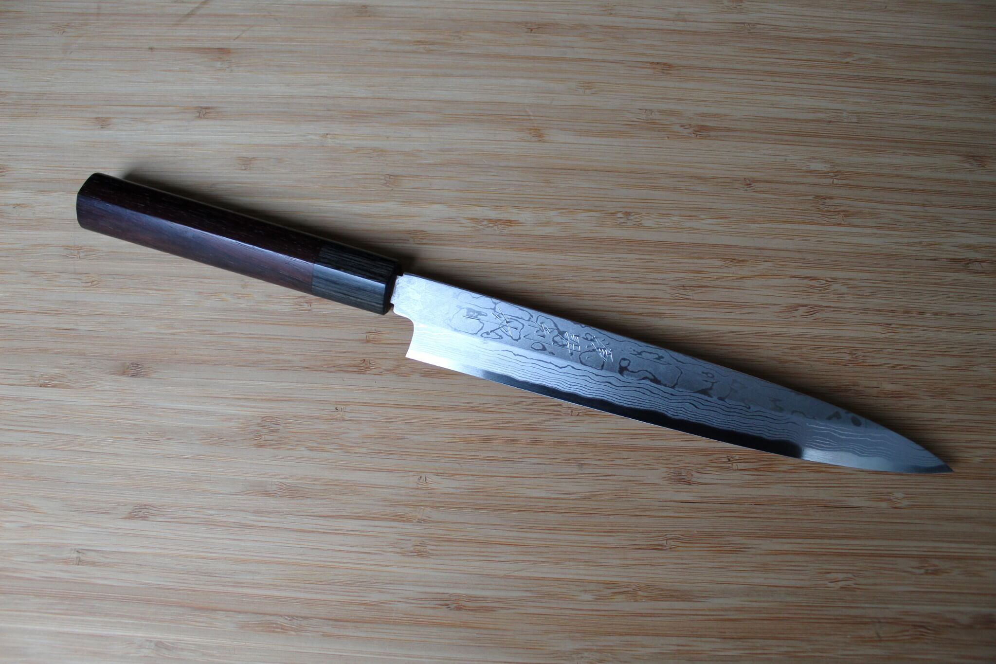 Sawakazuma Yanagiba Slicer Knife 210 mm / 8.2" Shironiko Damascus Rosewood Handle