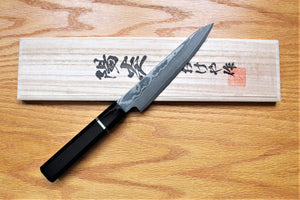 Kitchen Knives - Fujiwara Yasuhiko Kagerou Ginsan Nickle Damascus Petty With Ebony Handle Buffalo Ferrule 150mm / 5.9"