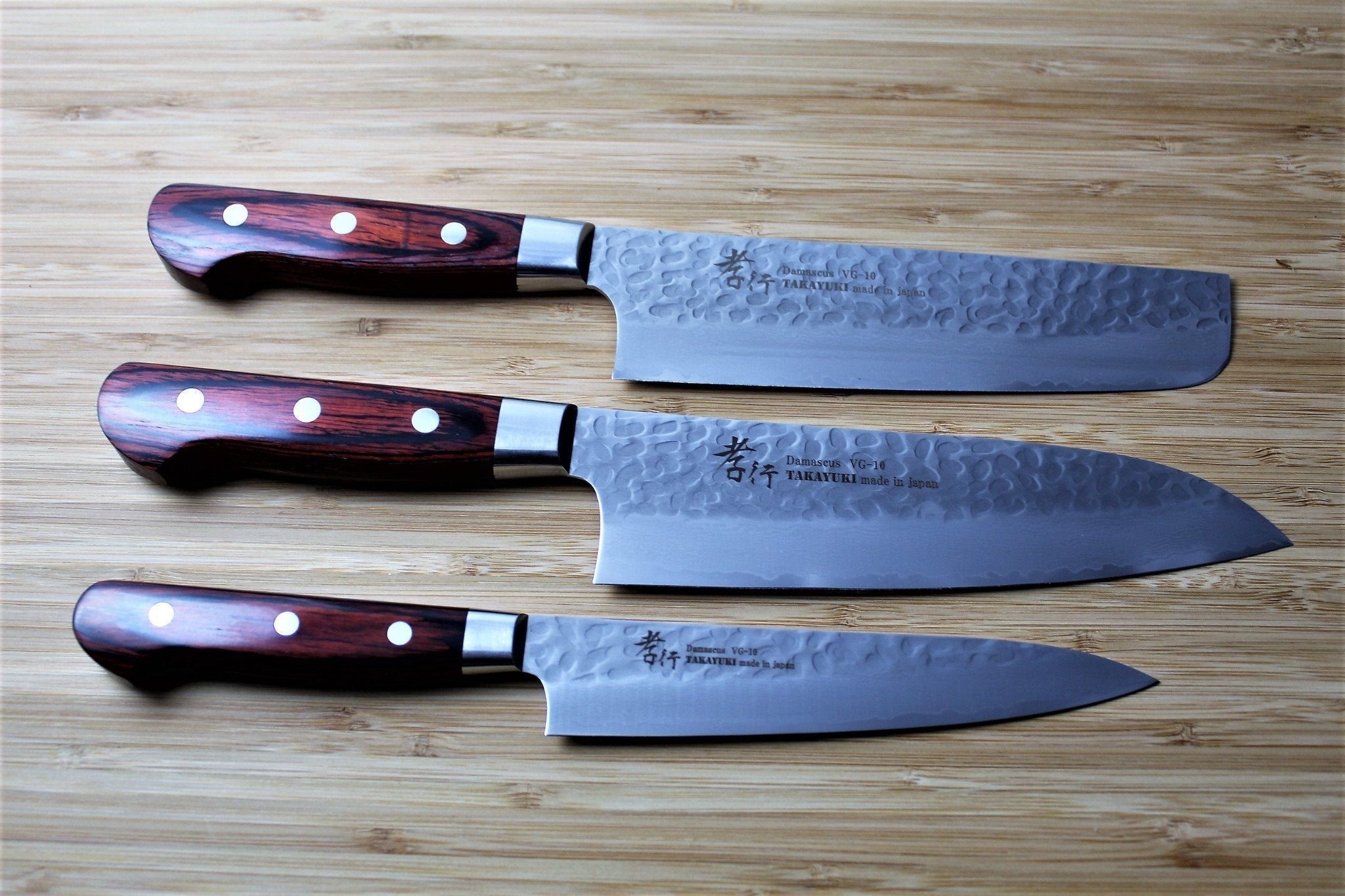 Kitchen Knives - Sakai Takayuki Japanese Knife Set Damascus 33 Layer Petty Knife 150mm (5.9") Santoku Knife 180mm (7.1") Nakiri Knife 160mm (6.3")