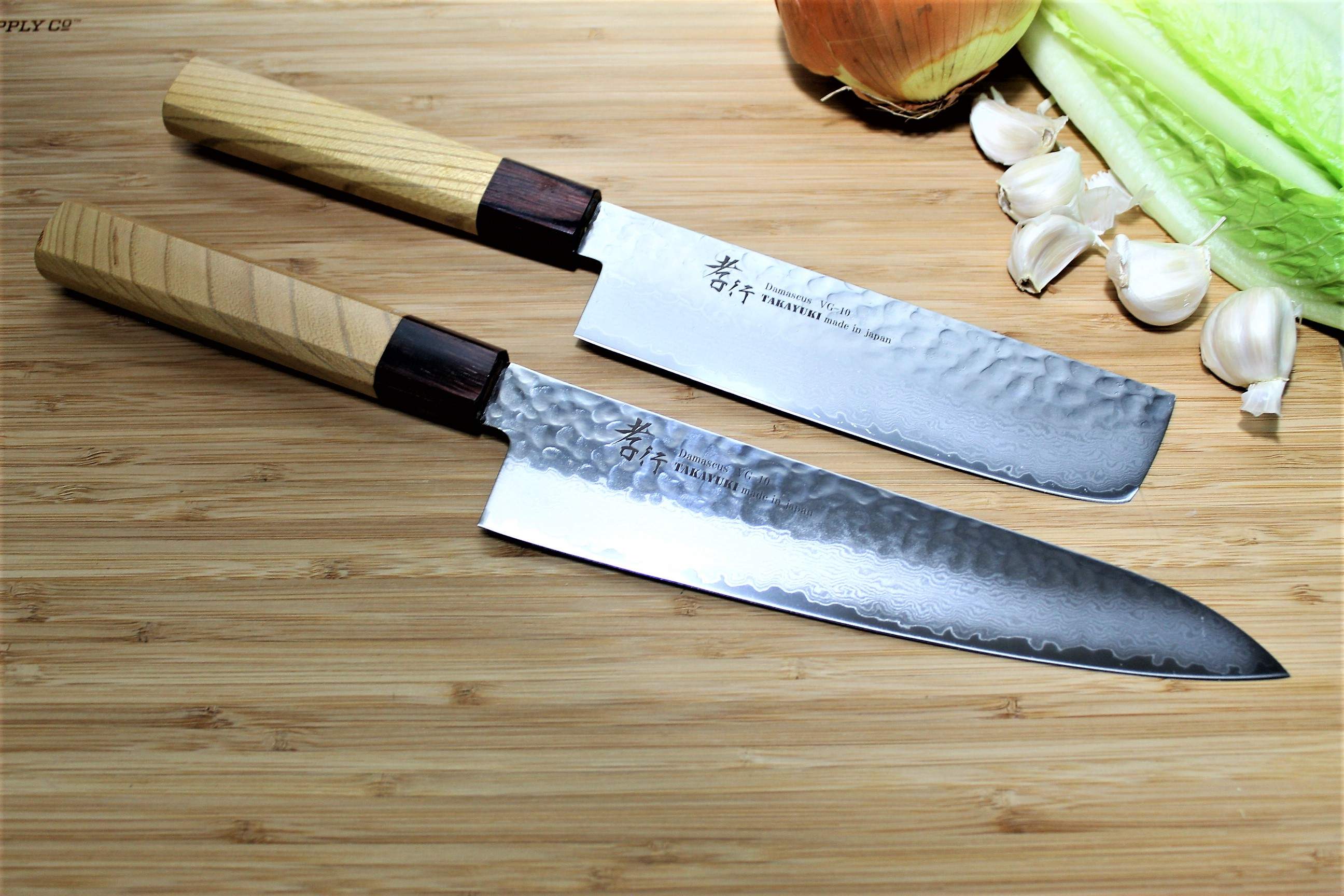 Kitchen Knives - Sakai Takayuki Japanese Knife Set Damascus 33 Layer With Japanese Handle Nakiri Knife 160mm (6.3") Gyuto Chef Knife 210mm (8.3")
