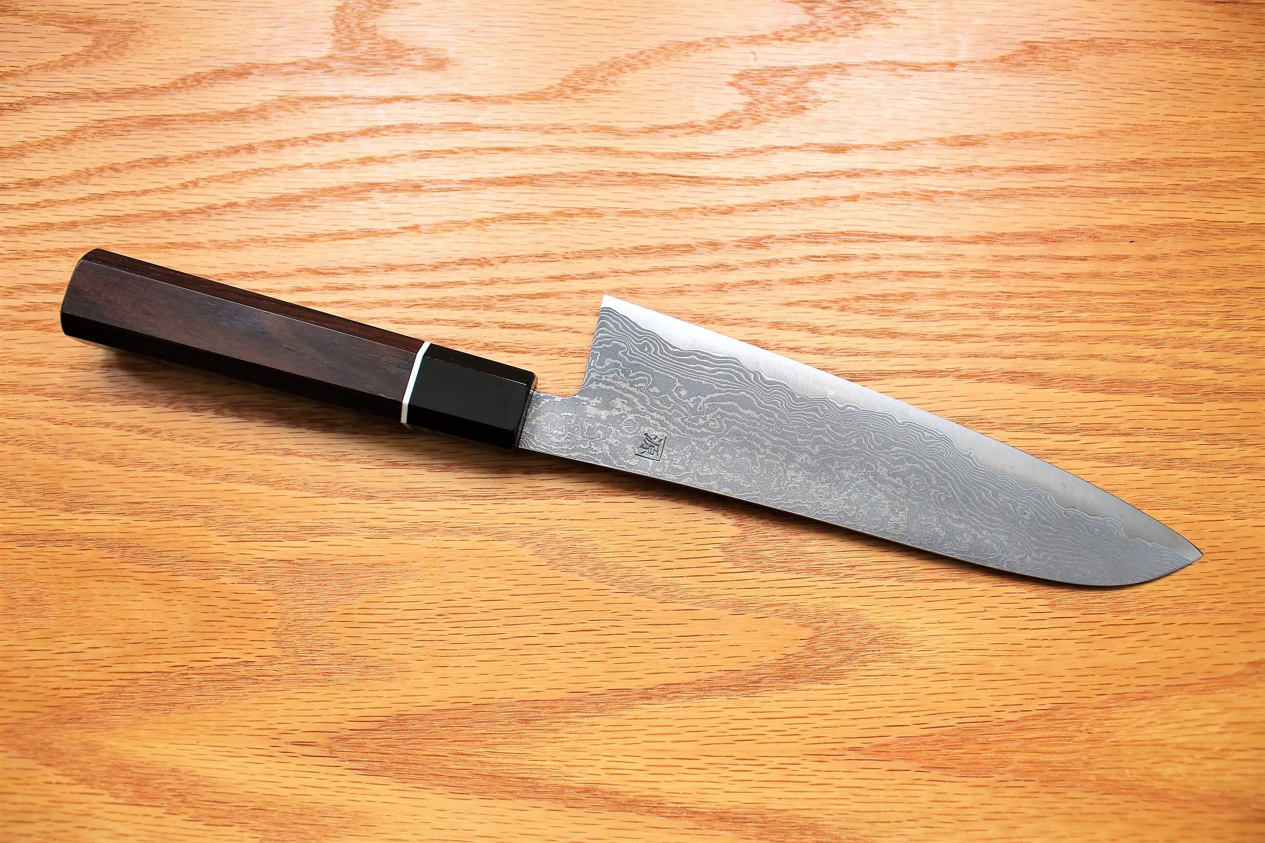 Kitchen Knives - Shigeki Tanaka Habakiri Damascus SG2 Steel Gyuto With Ebony Handle Buffalo Ferrule 180mm / 7.1"