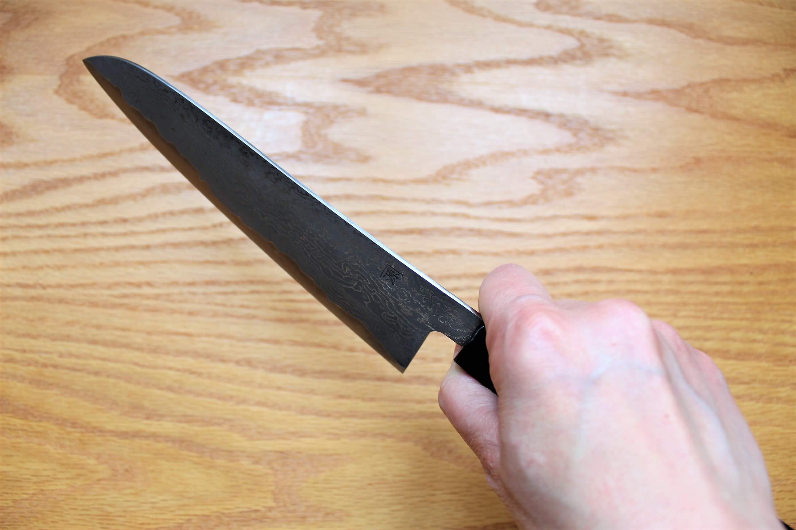 Kitchen Knives - Shigeki Tanaka Habakiri Damascus SG2 Steel Gyuto With Ebony Handle Buffalo Ferrule 180mm / 7.1"