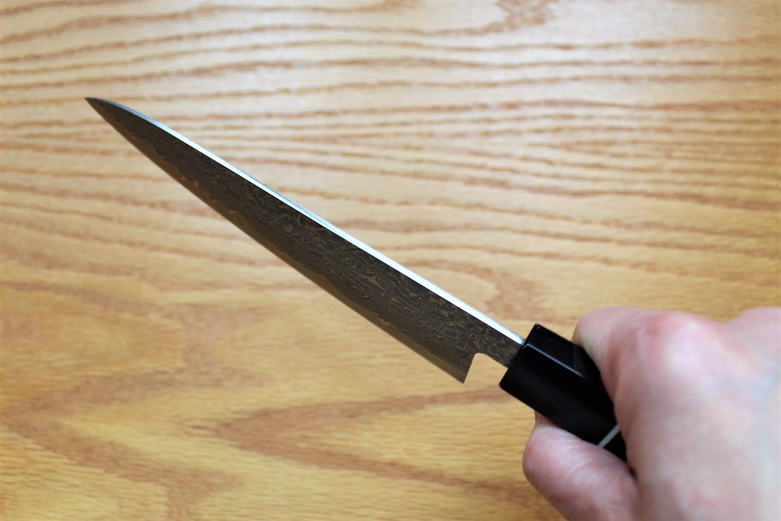 Kitchen Knives - Shigeki Tanaka Habakiri Damascus SG2 Steel Petty With Ebony Handle Buffalo Ferrule 150mm / 5.9"
