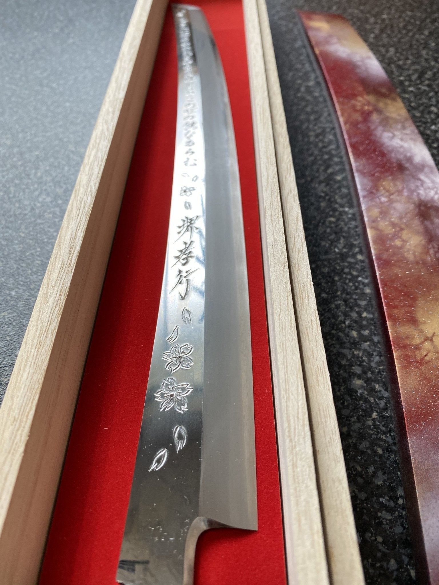 Knife - Sakai Takayuki Rinka Ginsan Silver #3 Sakimaru-Takohiki 390mm (15.4") With Decorative Handle And Saya - Cherry Blossom Engraving - Slicer