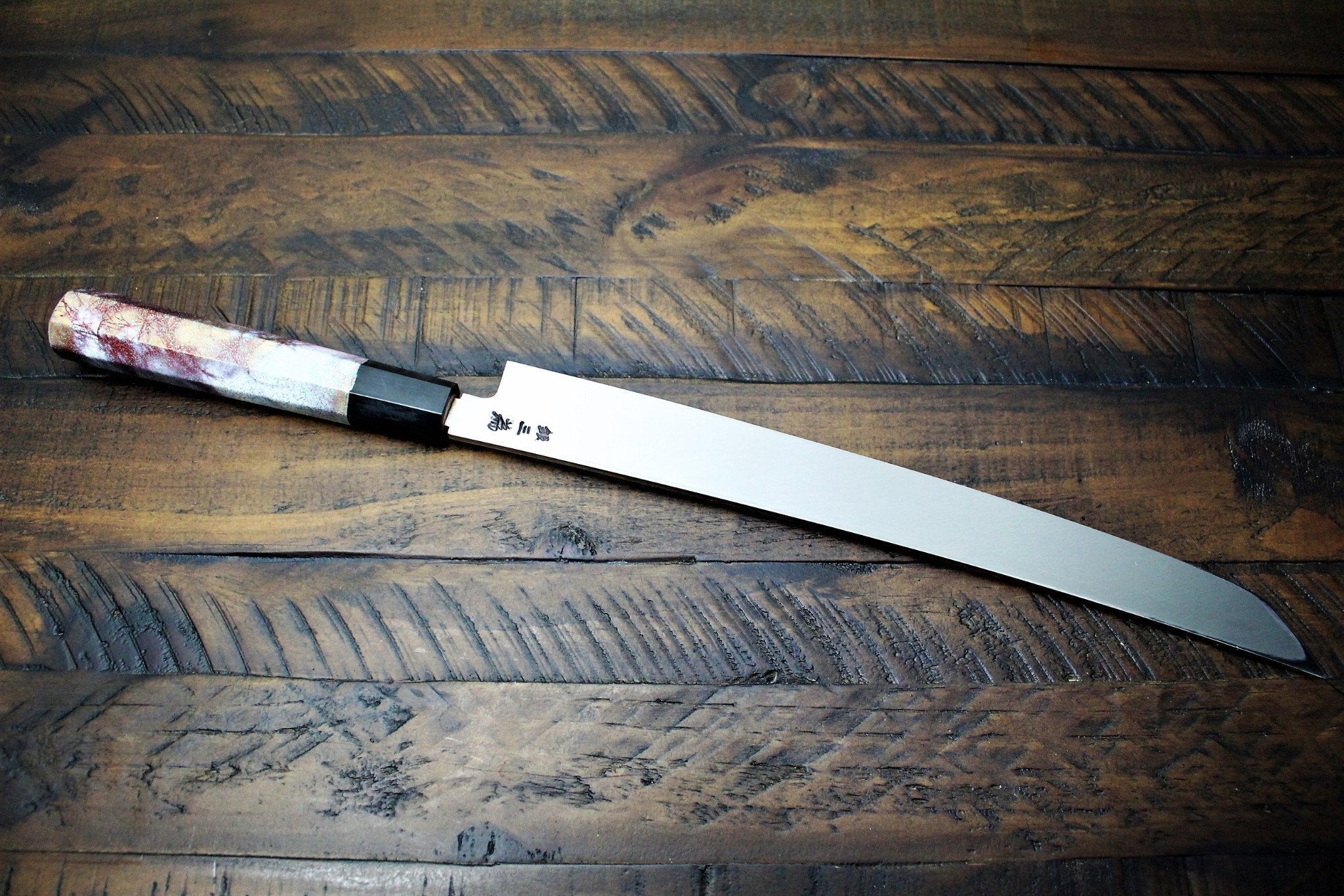 Knife - Sakai Takayuki Rinka Ginsan Silver #3 Sakimaru-Takohiki 390mm (15.4") With Decorative Handle And Saya - Cherry Blossom Engraving - Slicer