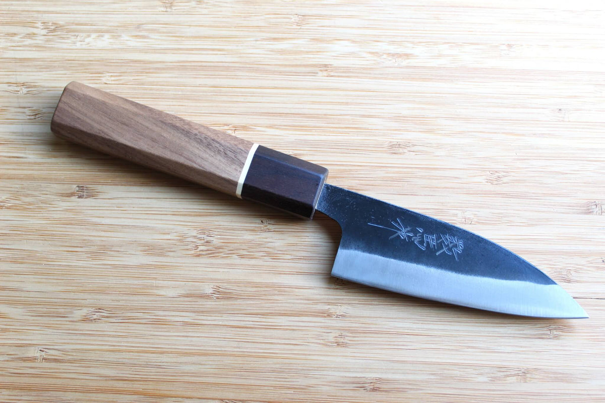 Sawakazuma Small Santoku 105mm Japanese carbon steel knife with White Steel #2 blade and Maple and Renghas wood handle