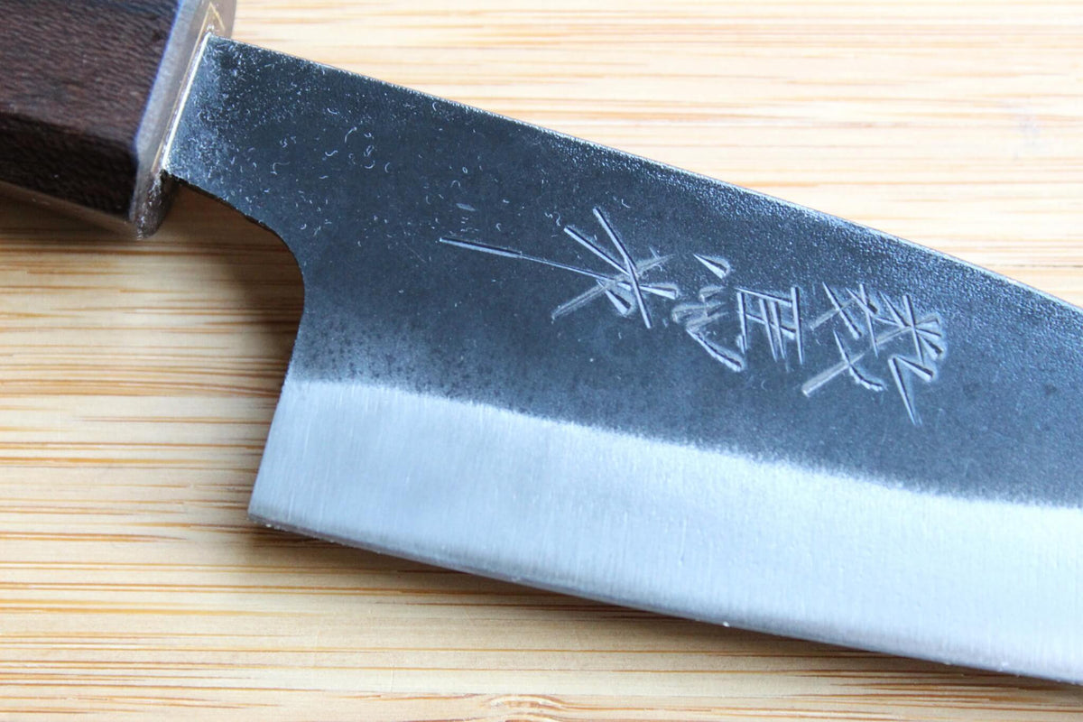 Sawakazuma Small Santoku 105mm Japanese carbon steel knife with White Steel #2 blade and Maple and Renghas wood handle