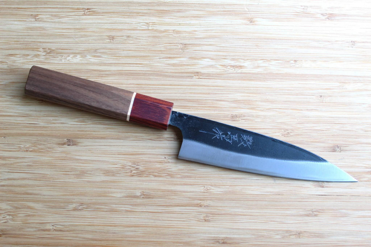 Sawakazuma Small Santoku 140mm Japanese kitchen knife with White Steel #2 blade and dual-tone Maple and Renghas wood handle
