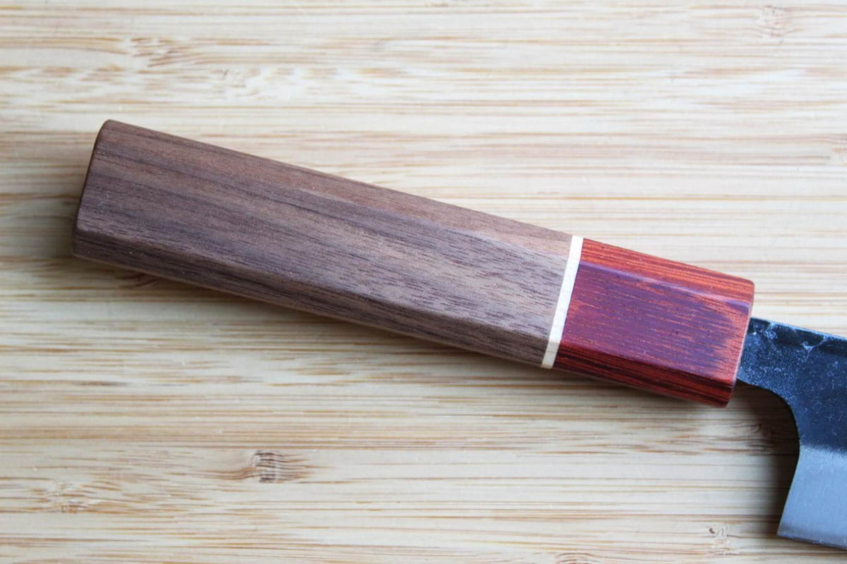 Sawakazuma Small Santoku 140mm Japanese kitchen knife with White Steel #2 blade and dual-tone Maple and Renghas wood handle