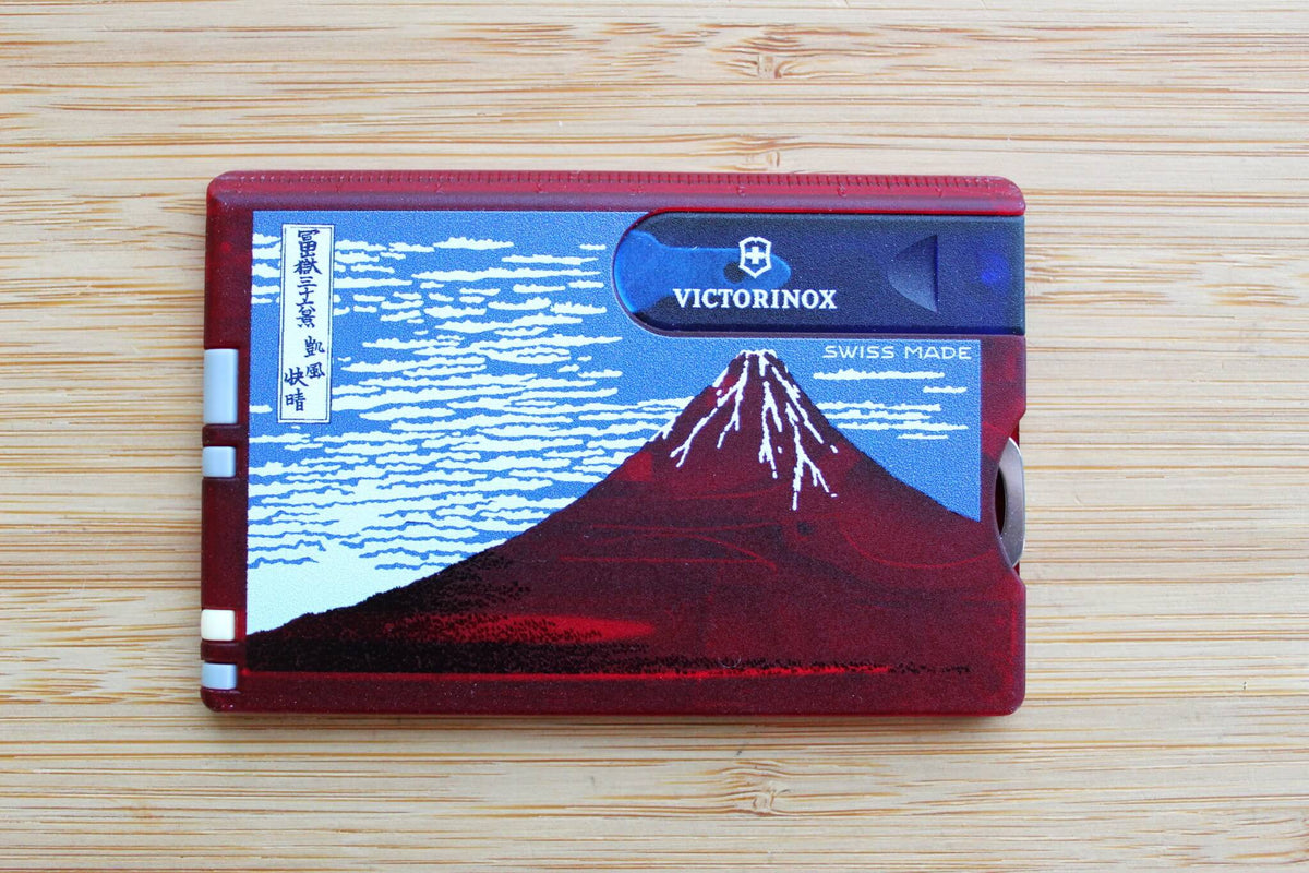 Victorinox Swiss Card Classic featuring Katsushika Hokusai's Red Fuji Ukiyo-e print on an ultra-slim 4mm wallet card chassis