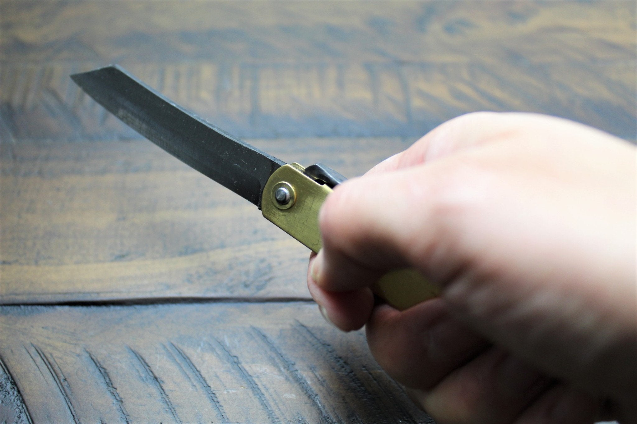 Japanese Brass Folding Pocket Knife Blade Aoniko Higonokami (Blue Steel #2) Nagao Kanekoma by Hasu-Seizo