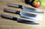Gyuto Nakiri and petty Japanese kitchen knives stainless steel on cutting board with apple