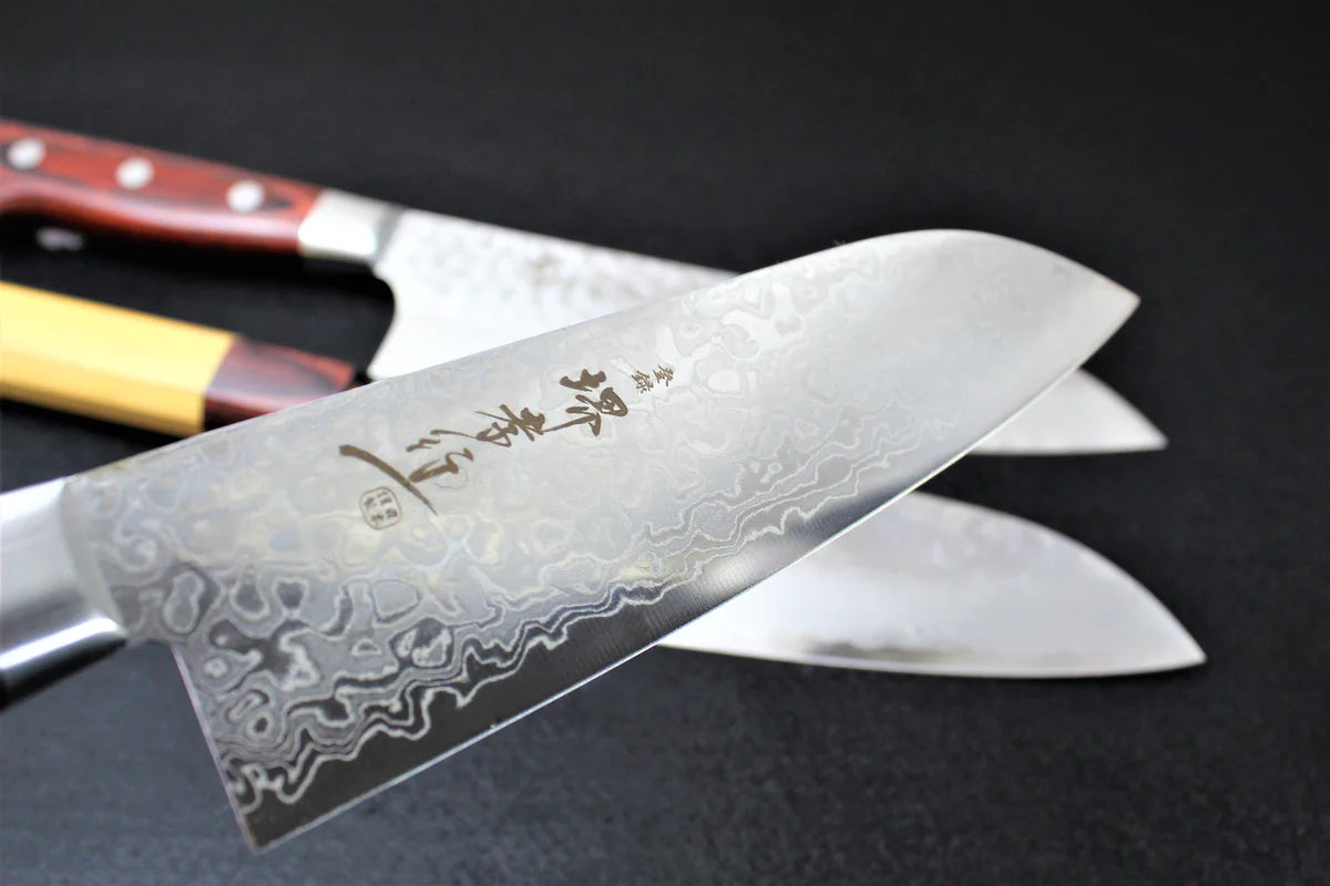 Close up of Damascus Japanese knife blade