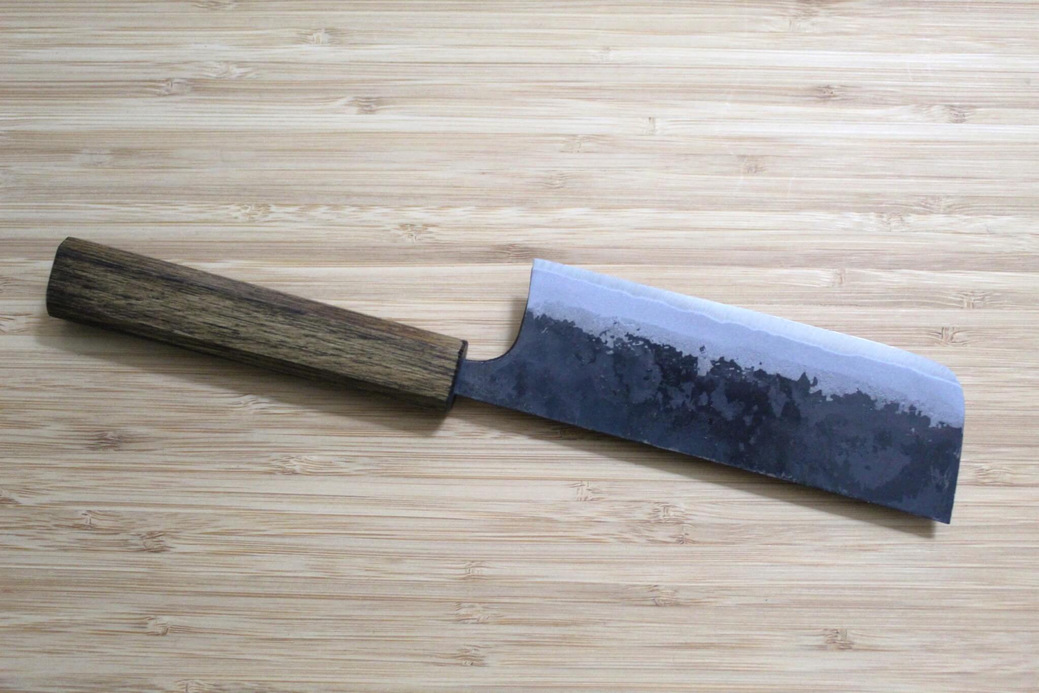 OUL Kurouchi Aoniko / Blue Steel #2 Small Nakiri Knife 120 mm / 4.7" Black Oak Handle