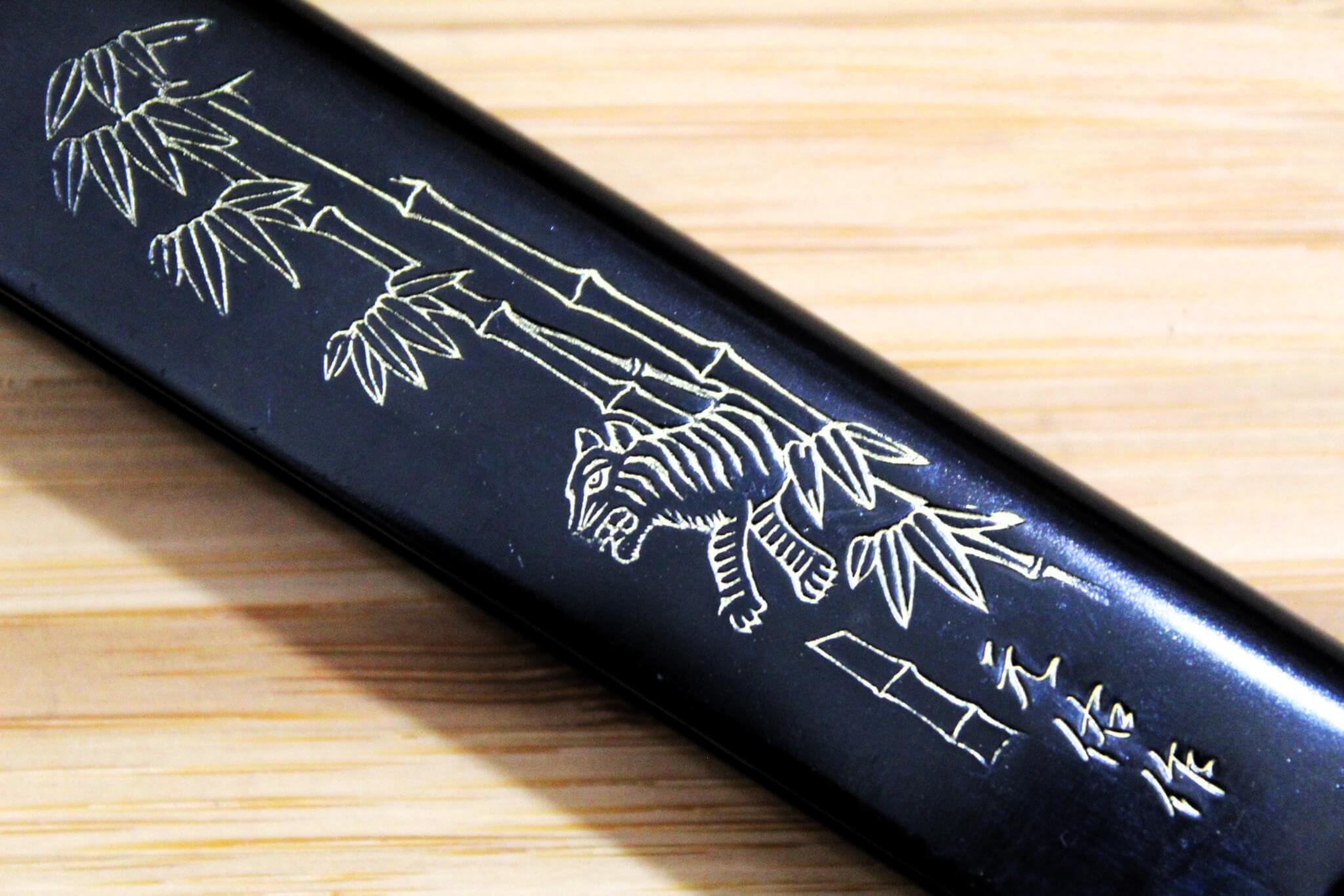 Higonokami Damascus Aoniko (Blue Steel #2) Tiger and Bamboo Black Handle Folding Pocket Knife