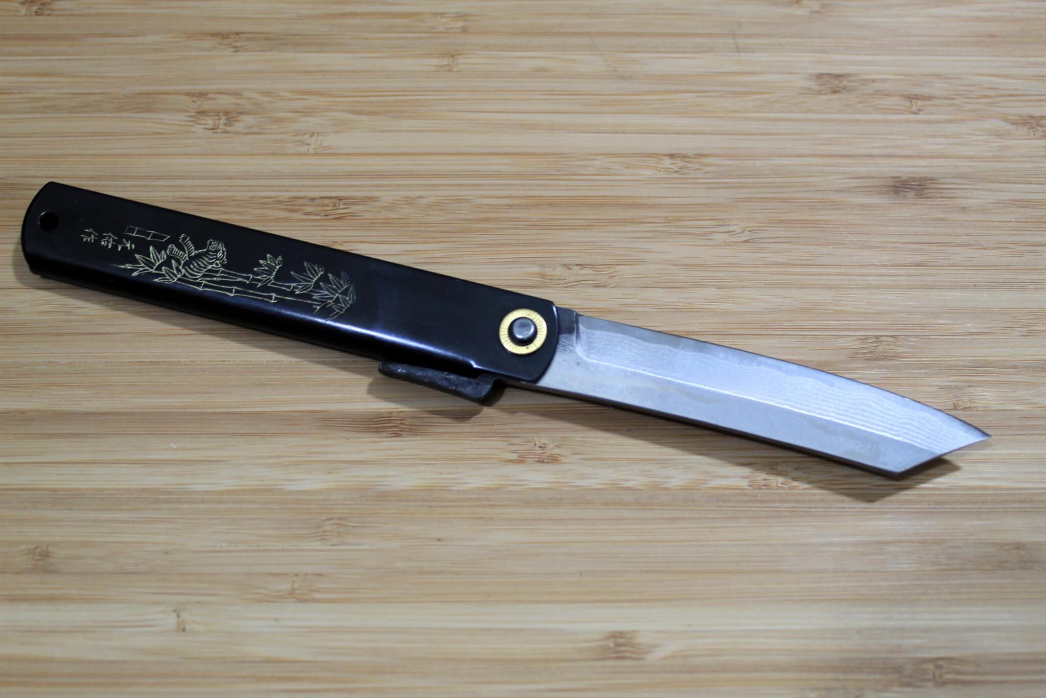 Higonokami Damascus Aoniko (Blue Steel #2) Tiger and Bamboo Black Handle Folding Pocket Knife