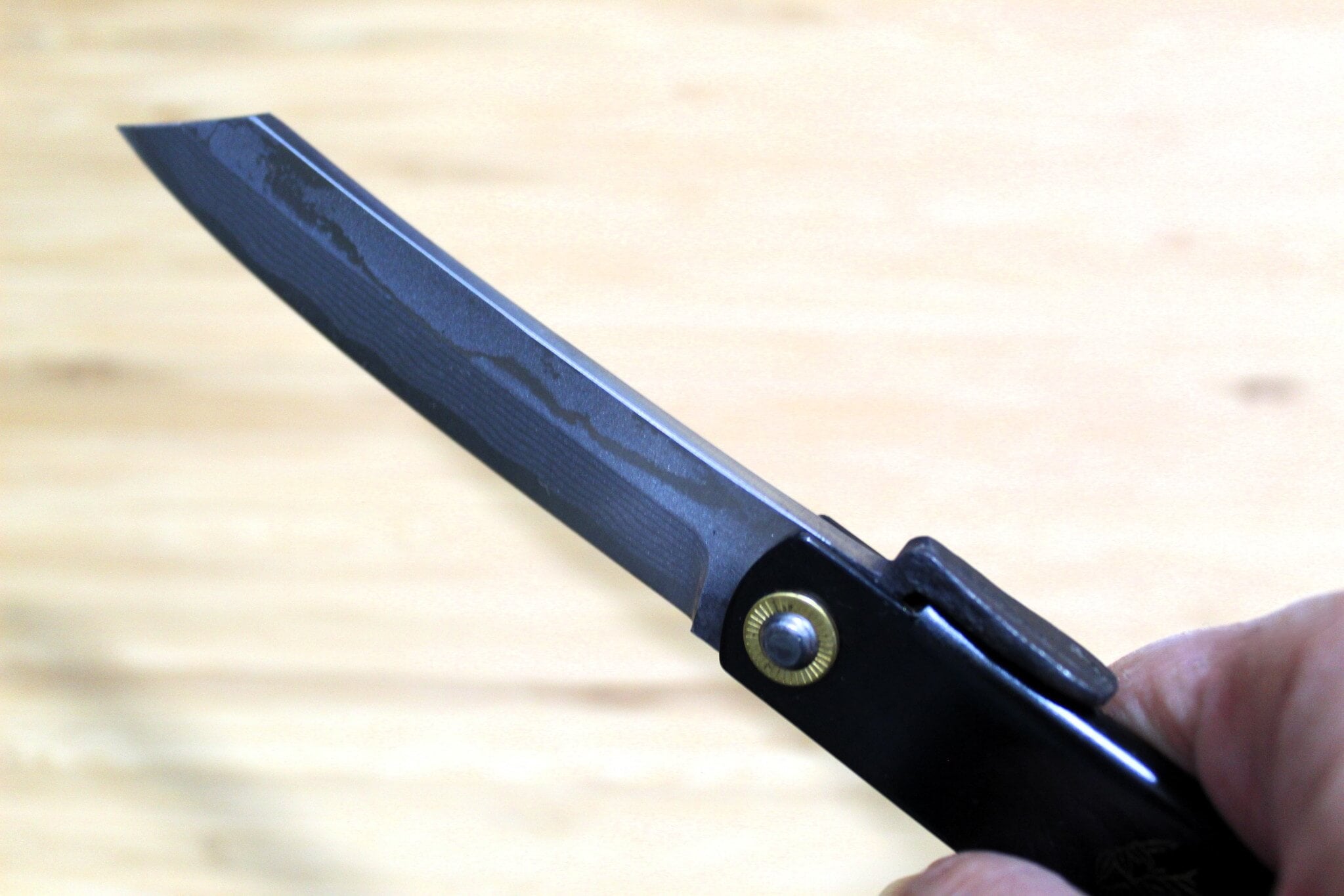 Higonokami Damascus Aoniko (Blue Steel #2) Tiger and Bamboo Black Handle Folding Pocket Knife