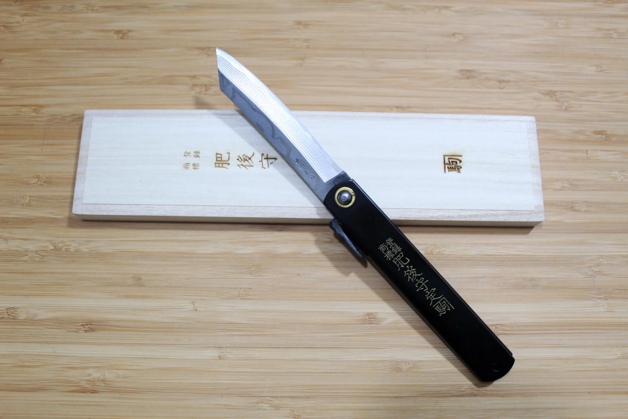 Higonokami Damascus Aoniko (Blue Steel #2) Tiger and Bamboo Black Handle Folding Pocket Knife
