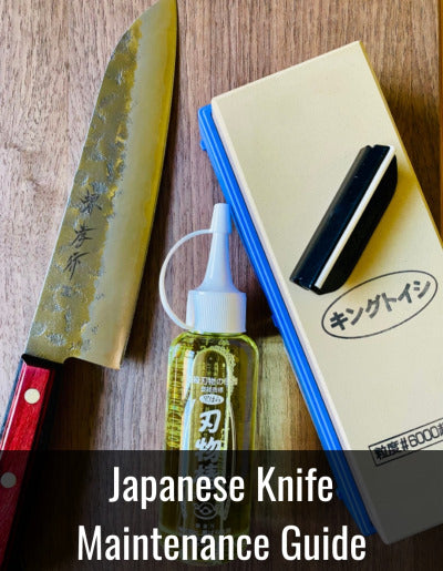 Japanese Knife Maintenance Guide - Ginsan Santoku Camelia Oil and Whetstone