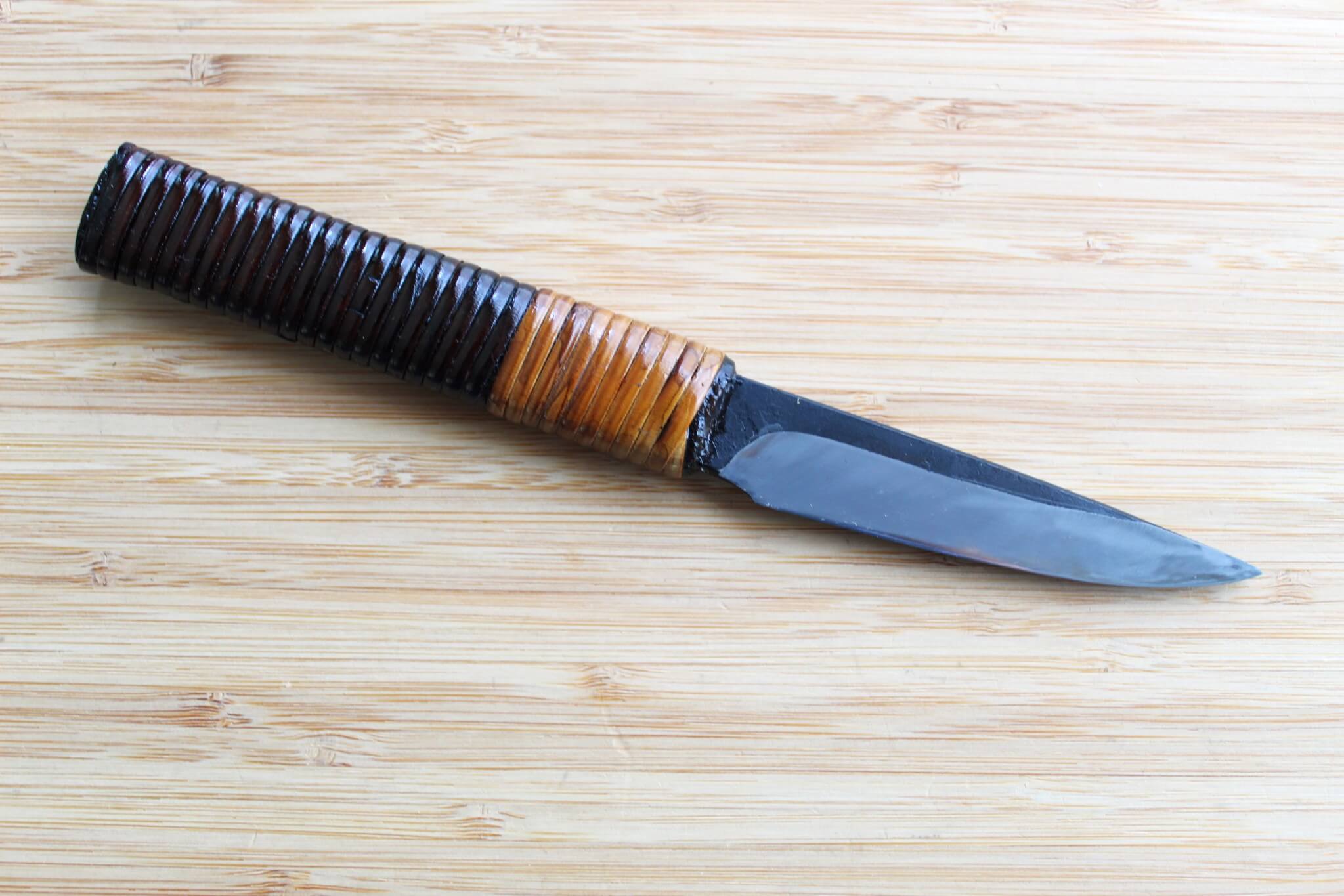 Kyokokaji Shokei 90mm Wide Petty Japanese Knife with Fujimaki Rattan Handle and Kurouchi Finish