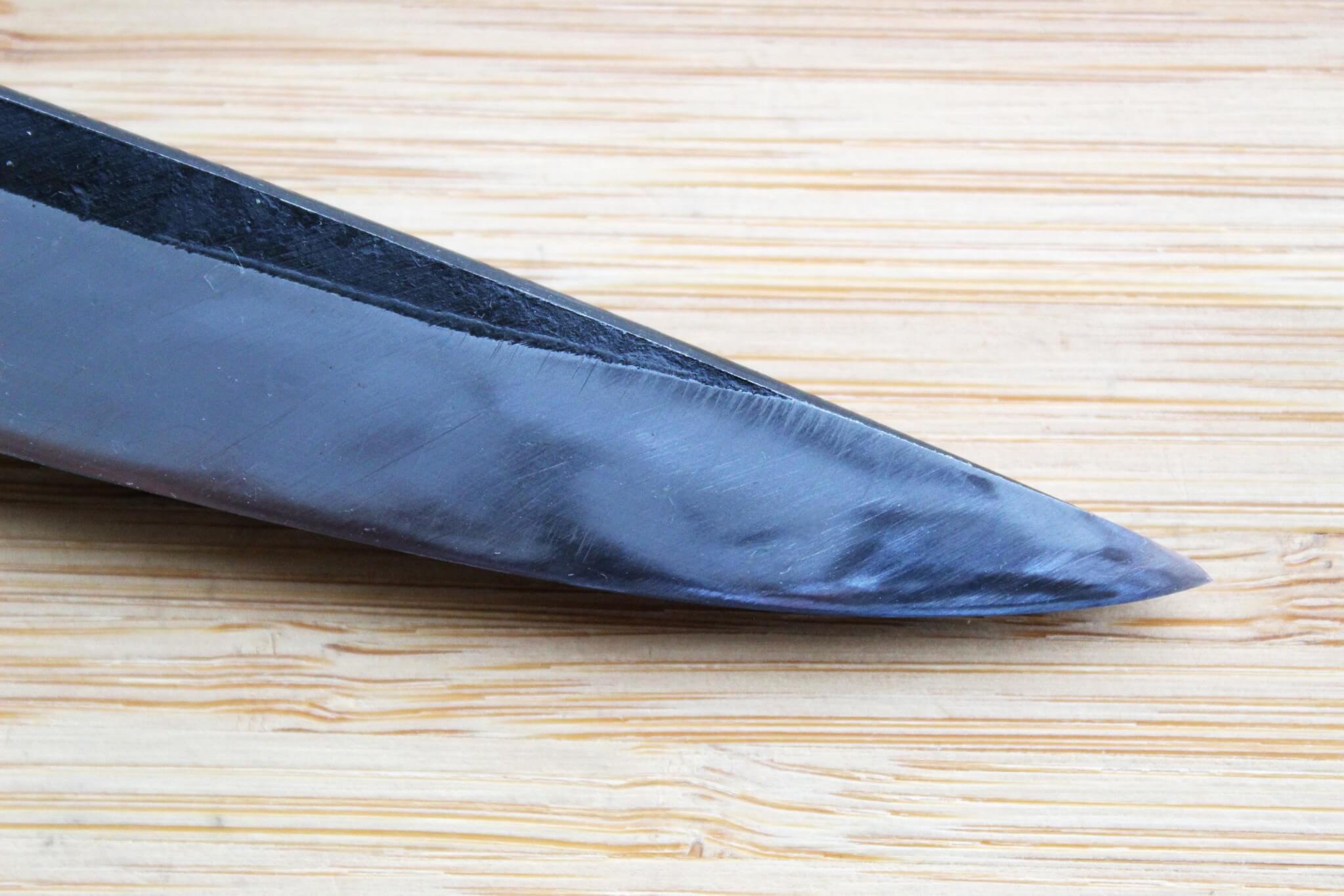 Kyokokaji Shokei 90mm Wide Petty Japanese Knife with Fujimaki Rattan Handle and Kurouchi Finish