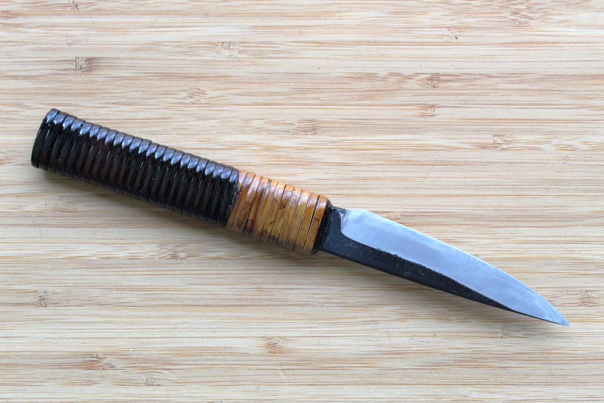 Kyokokaji Shokei 90mm Wide Petty Japanese Knife with Fujimaki Rattan Handle and Kurouchi Finish