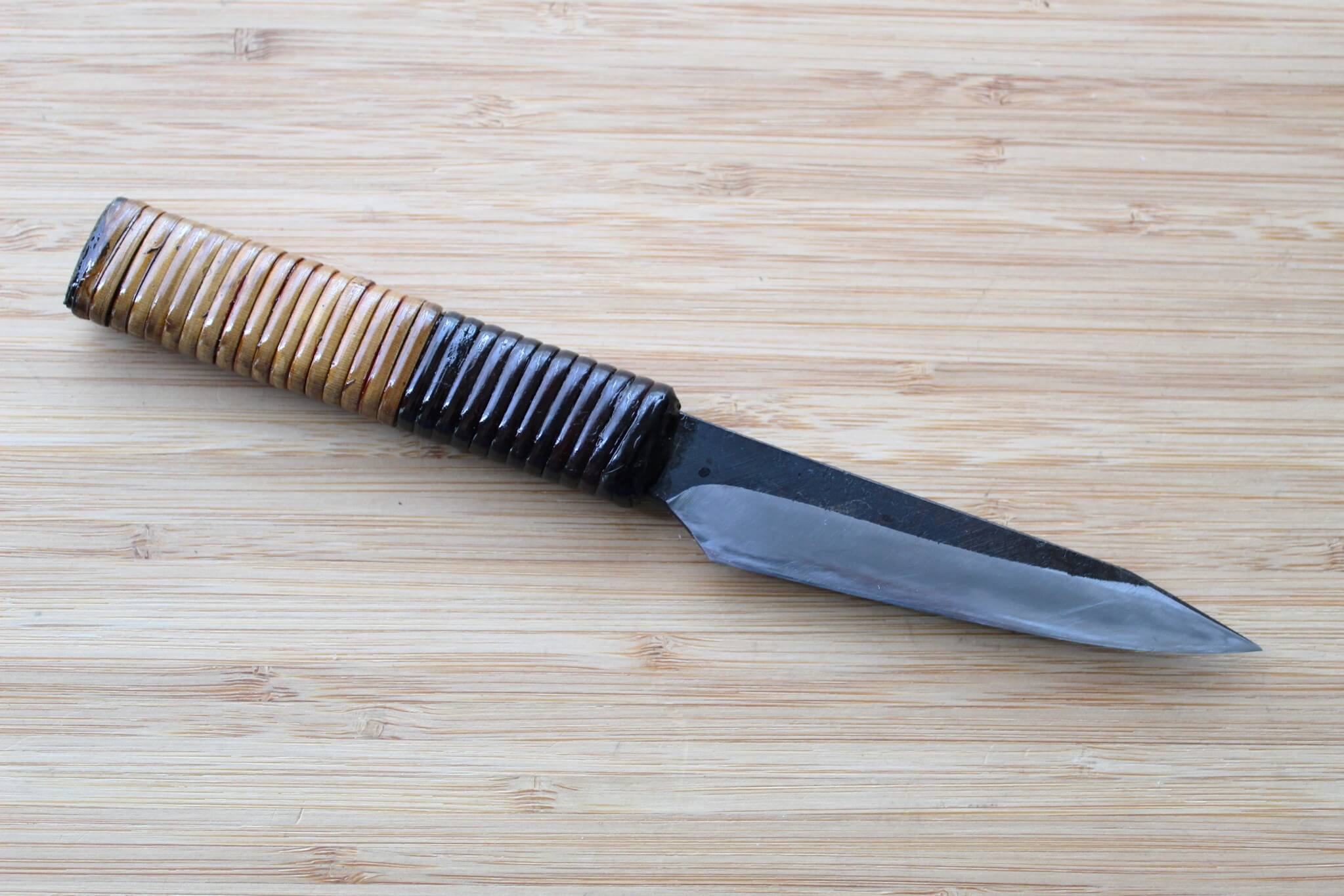 Kyokokaji Shokei 90mm Full-Tang Petty Knife with 3mm Thick Spine and Fujimaki Rattan Handle