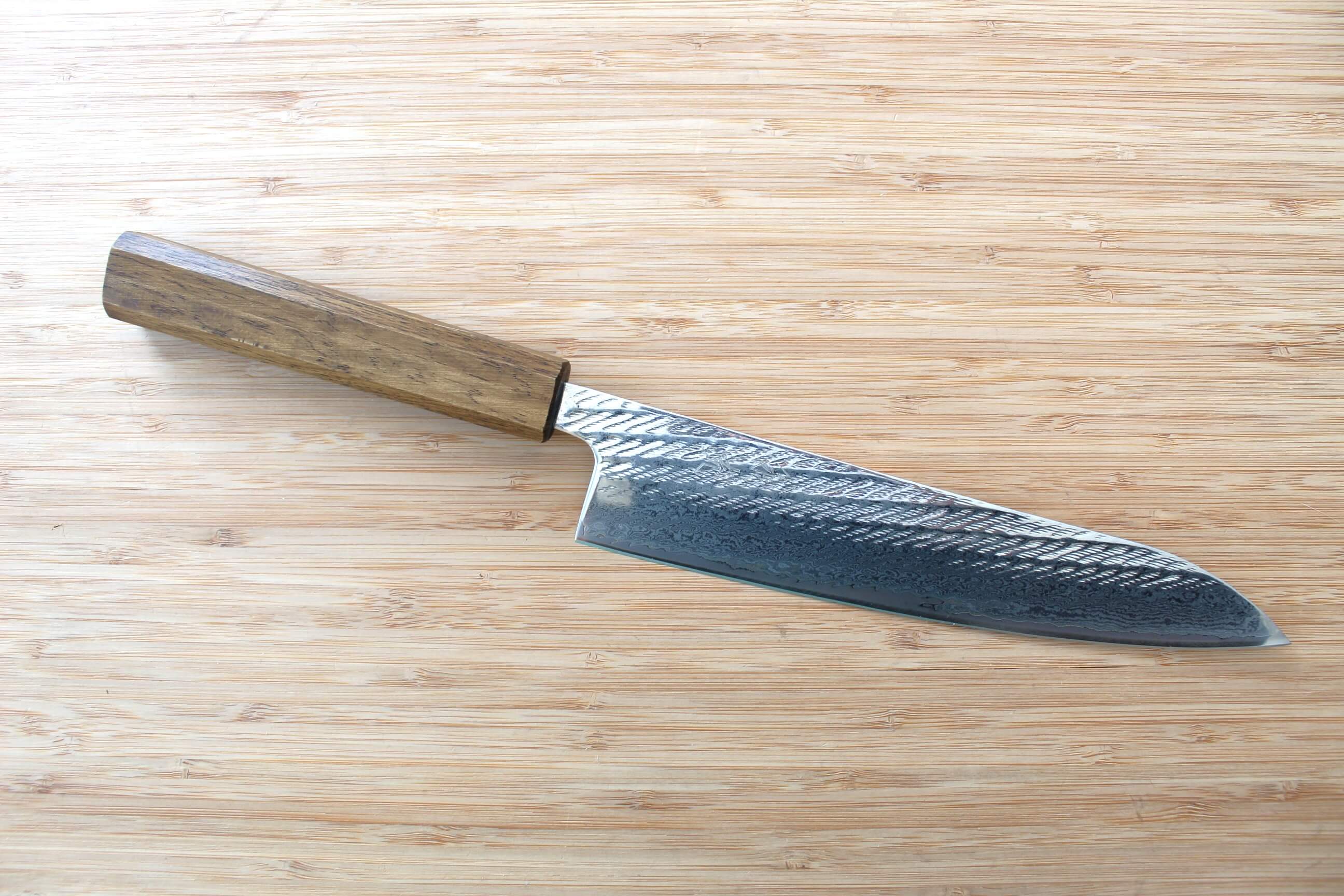 OUL Nawame Ginsan Damascus Gyuto 210mm Japanese chef knife with Black Oak handle