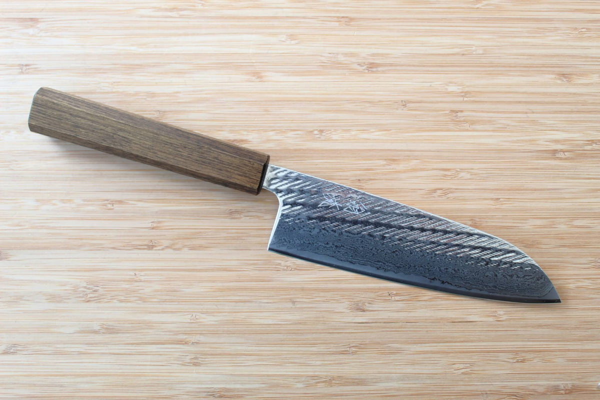 OUL Nawame Ginsan Damascus Santoku 165mm Japanese knife with Black Oak handle