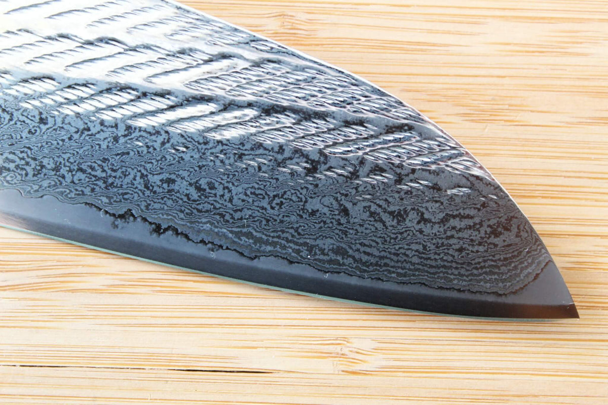 OUL Nawame Ginsan Damascus Santoku 165mm Japanese knife with Black Oak handle