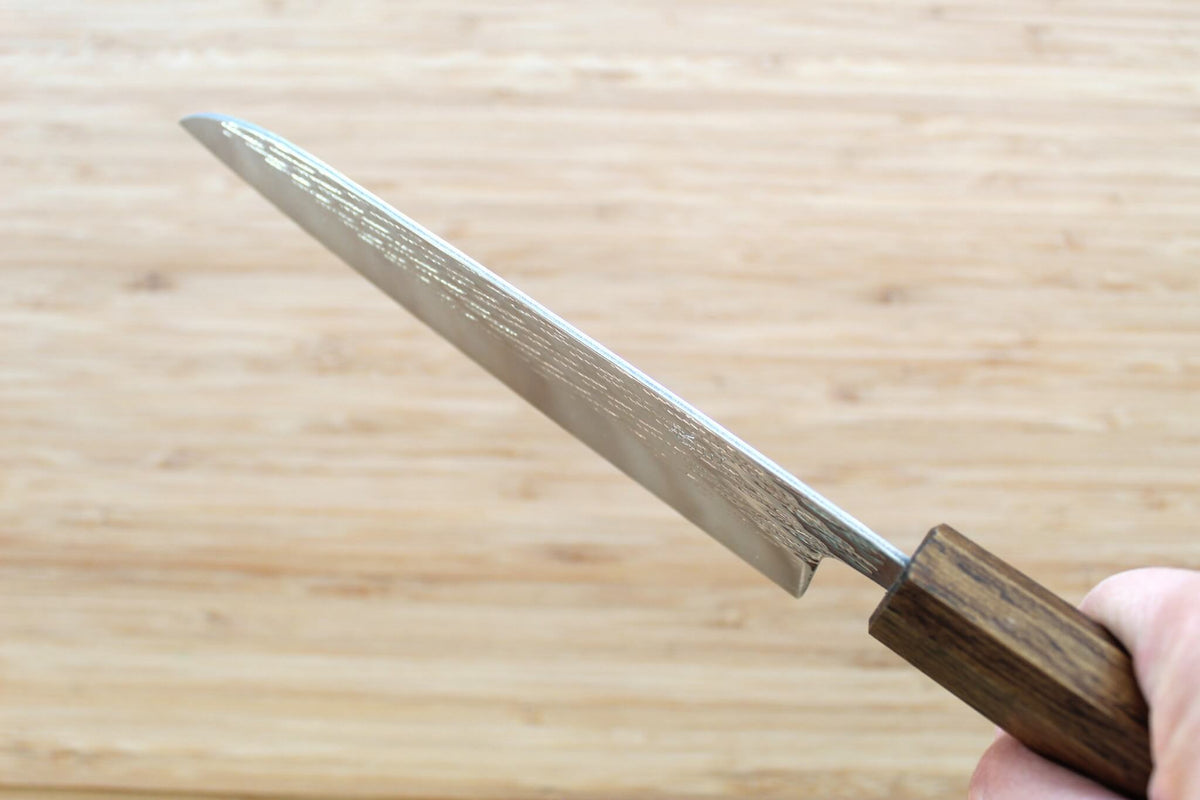 OUL Nawame Ginsan Damascus Santoku 165mm Japanese knife with Black Oak handle