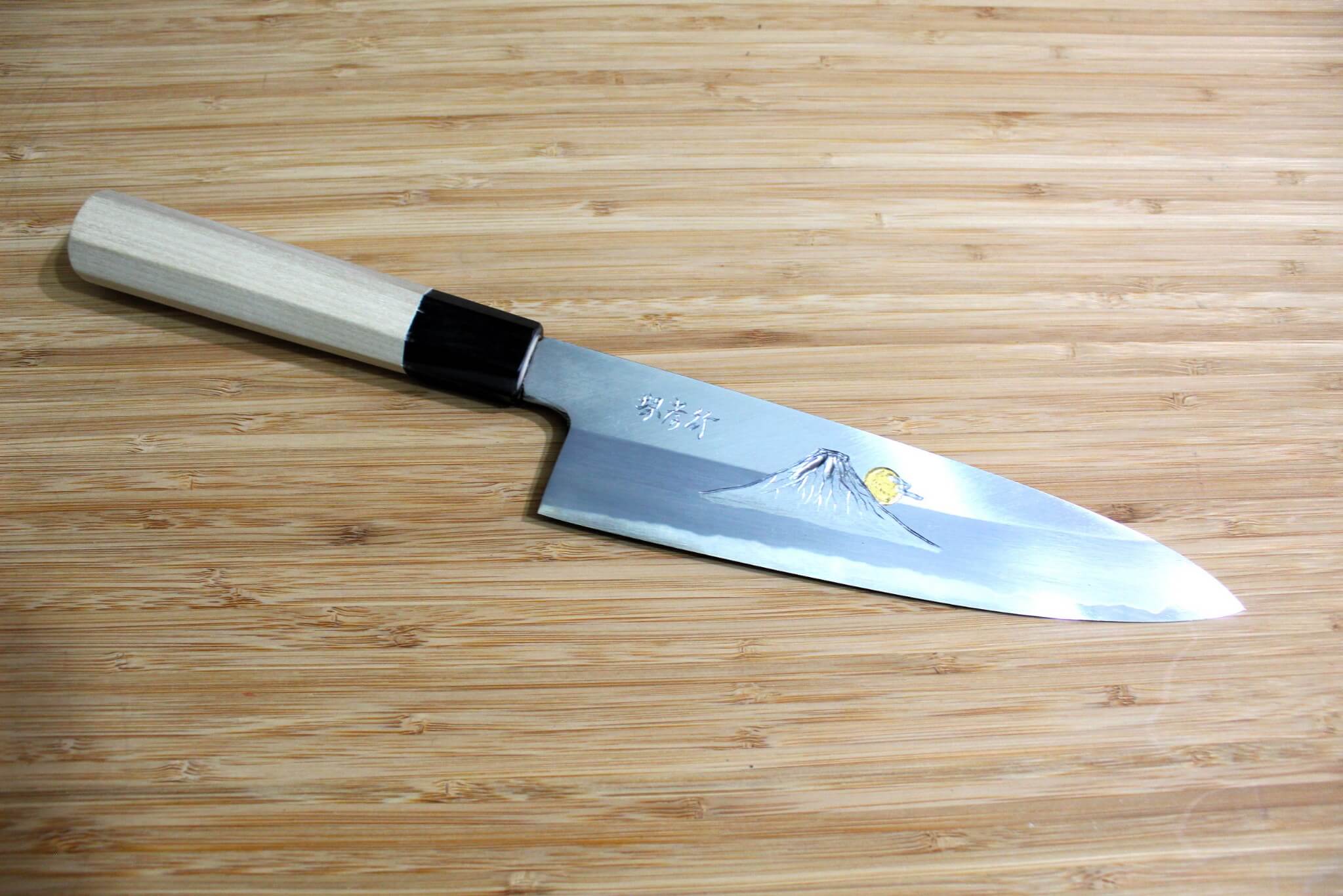 Sakai Takayuki Aoniko Gyuto 210 mm (8.2") - Mt. Fuji and Sunset Hand Engraving
