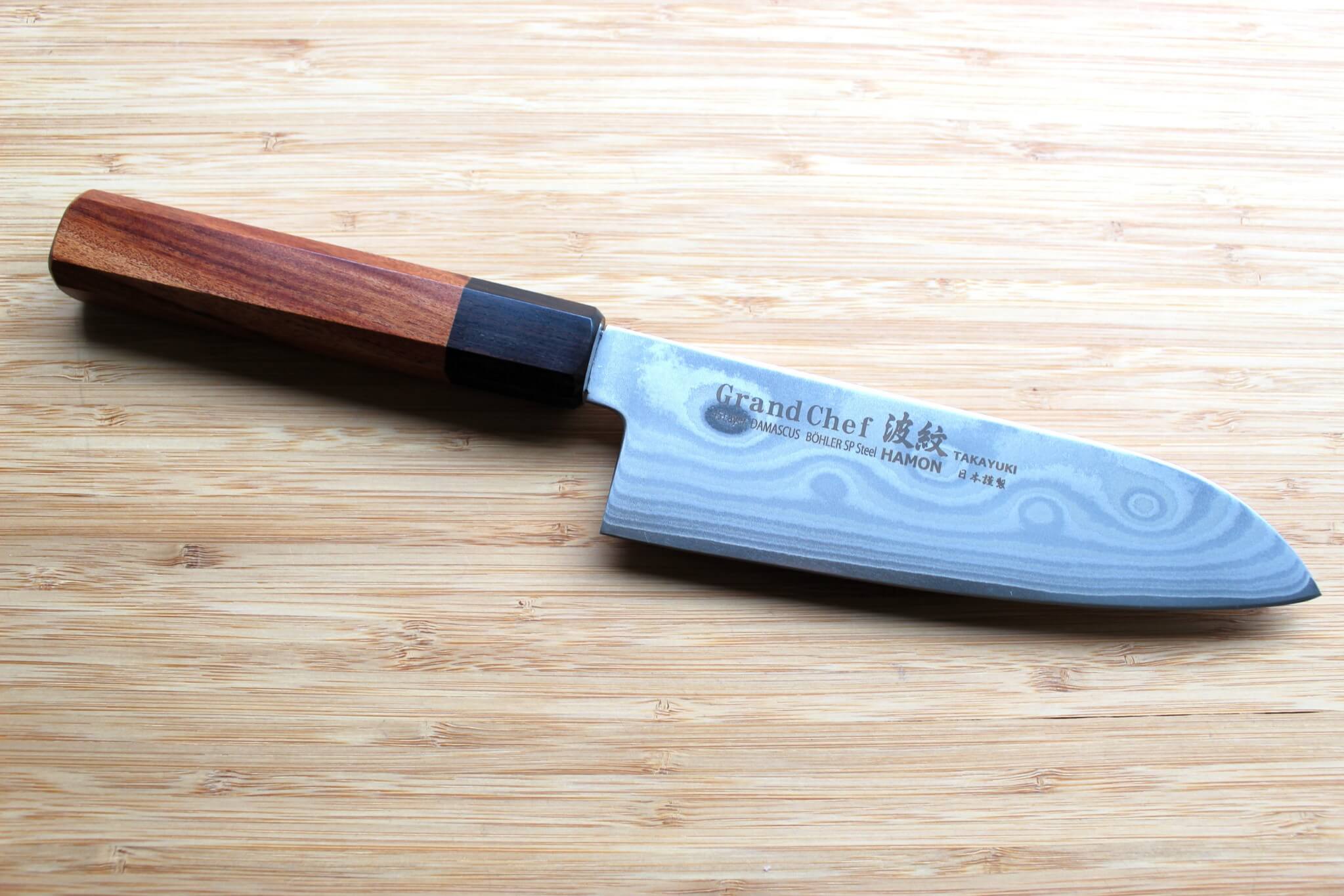 Sakai Takayuki Grand Chef Hamon Damascus 170mm (6.7") Santoku with Ebony Rosewood  Handle