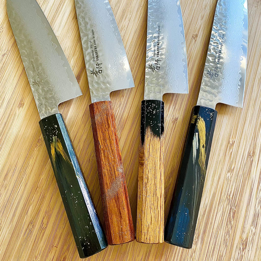 Santoku Kitchen Knife Damascus VG-10 Stainless Steel Lacquered Oak Handles Sakai Takayuki
