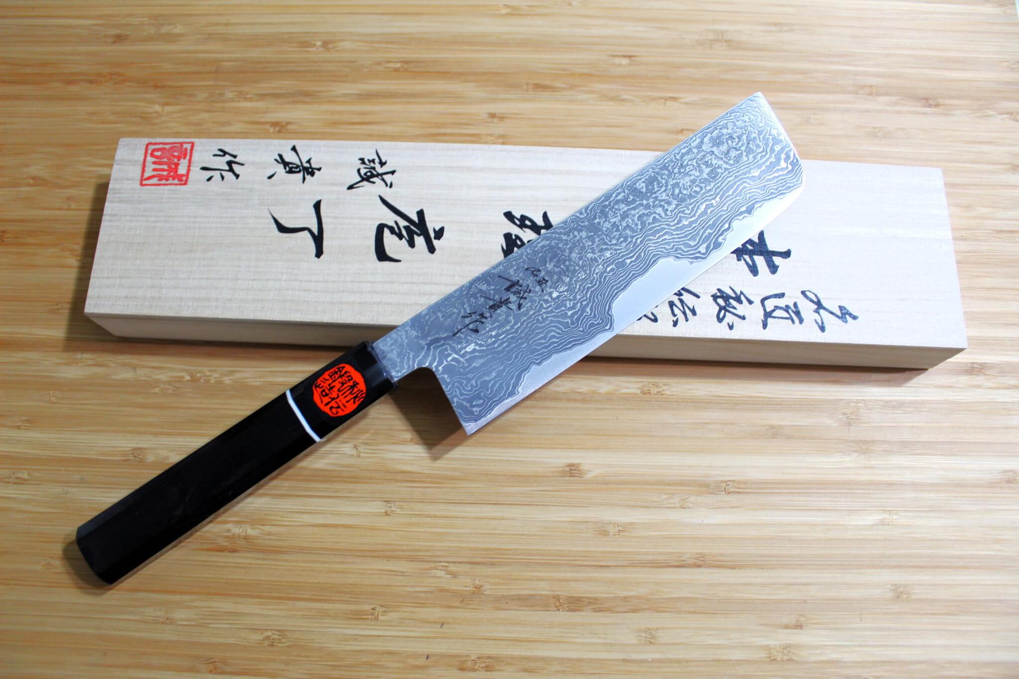 Shigeki Tanaka Habakiri Damascus SG2 Steel Nakiri with Ebony Handle Buffalo Ferrule 165mm / 6.5"