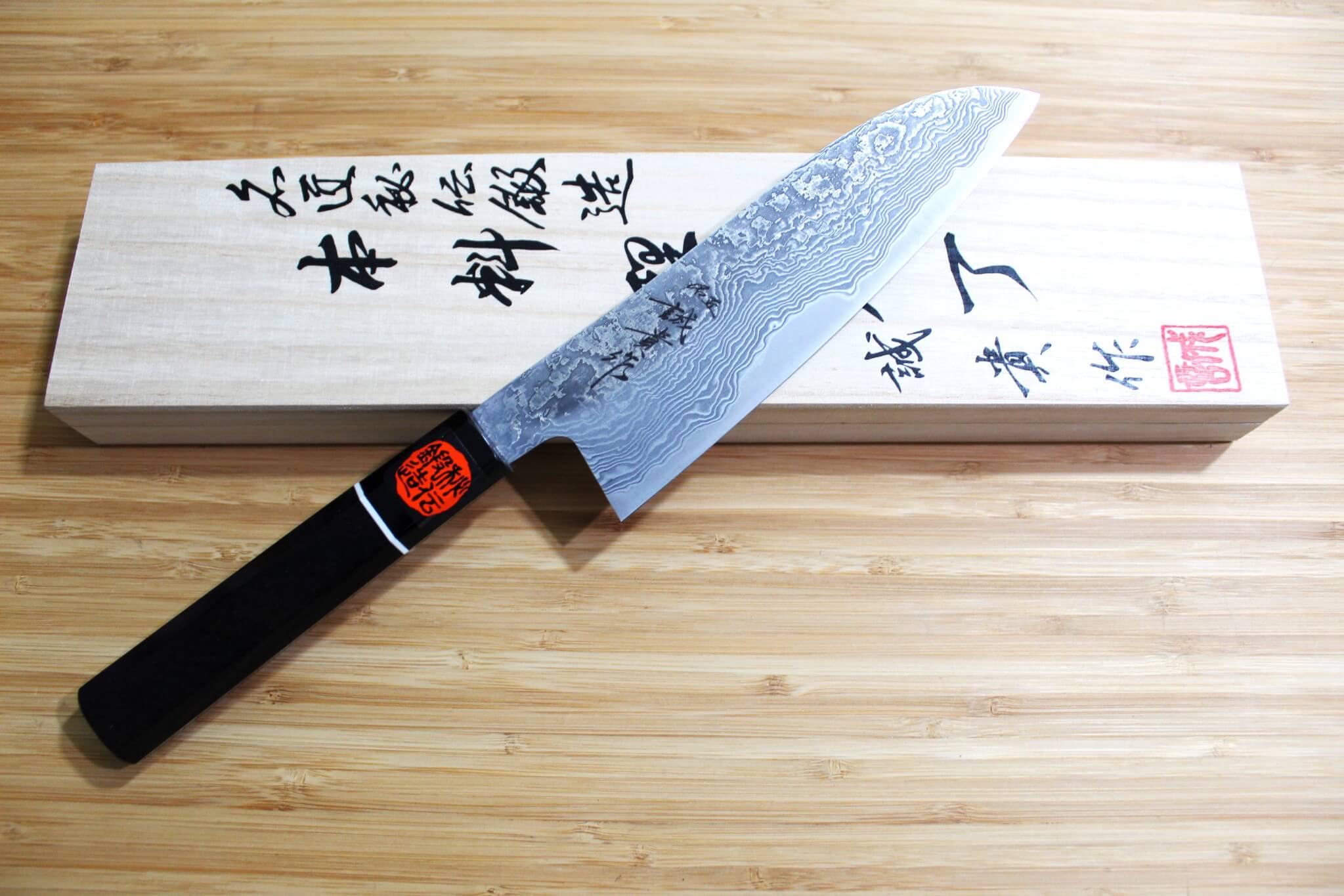 Shigeki Tanaka Habakiri Damascus SG2 Steel Santoku with Ebony Handle Buffalo Ferrule 165mm / 6.5"