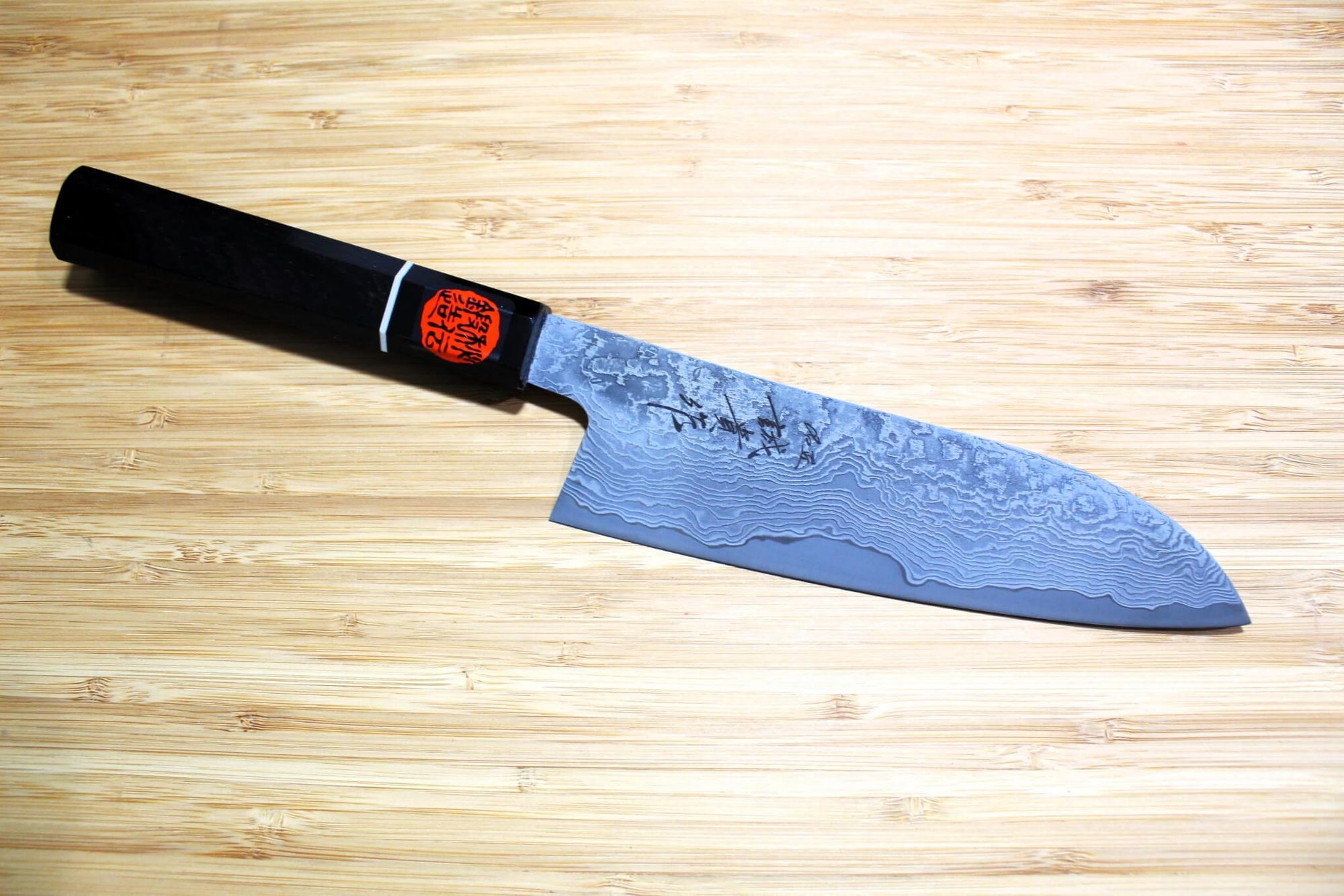 Shigeki Tanaka Habakiri Damascus SG2 Steel Santoku with Ebony Handle Buffalo Ferrule 165mm / 6.5"