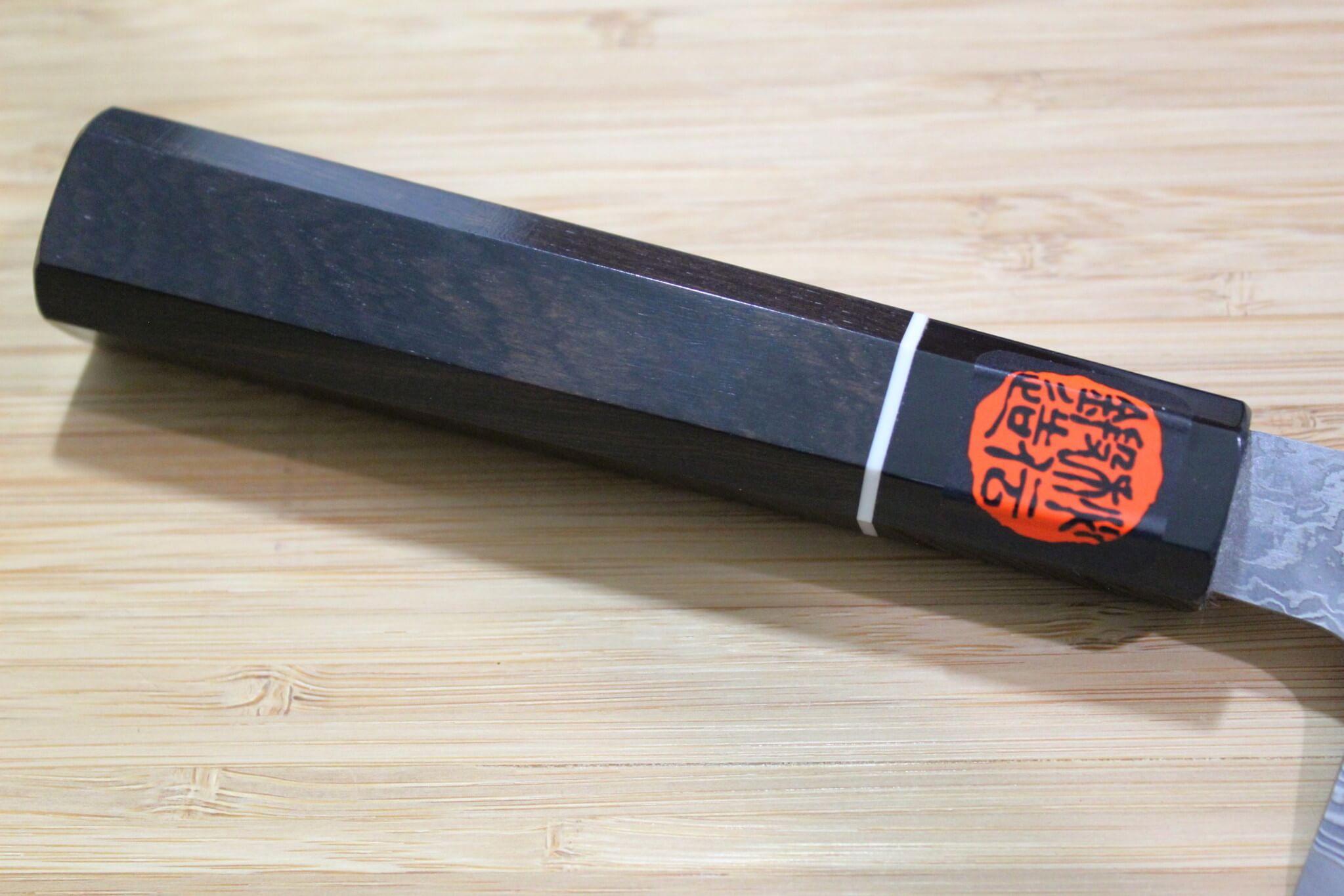 Shigeki Tanaka Habakiri Damascus SG2 Steel Santoku with Ebony Handle Buffalo Ferrule 165mm / 6.5"